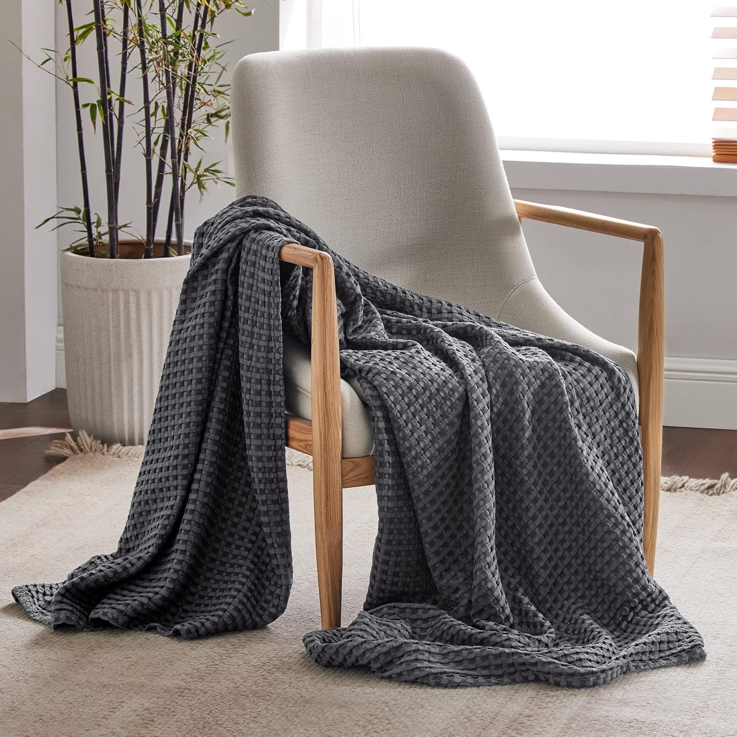 image:imageBedsure Cooling Cotton Waffle Full Size Blanket Lightweight Breathable Blanket of Rayon Derived from Bamboo for Hot Sleepers Luxury Throws for Bed Couch and Sofa Ivory 80x90 Inches02 Dark Grey