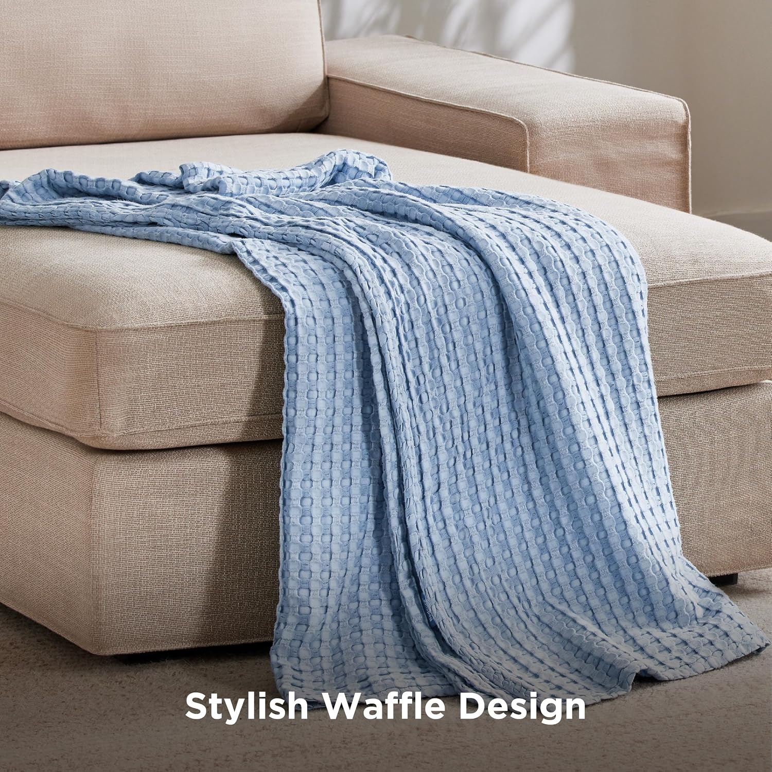 image:imageBedsure Cooling Cotton Waffle Full Size Blanket Lightweight Breathable Blanket of Rayon Derived from Bamboo for Hot Sleepers Luxury Throws for Bed Couch and Sofa Ivory 80x90 InchesSky Blue