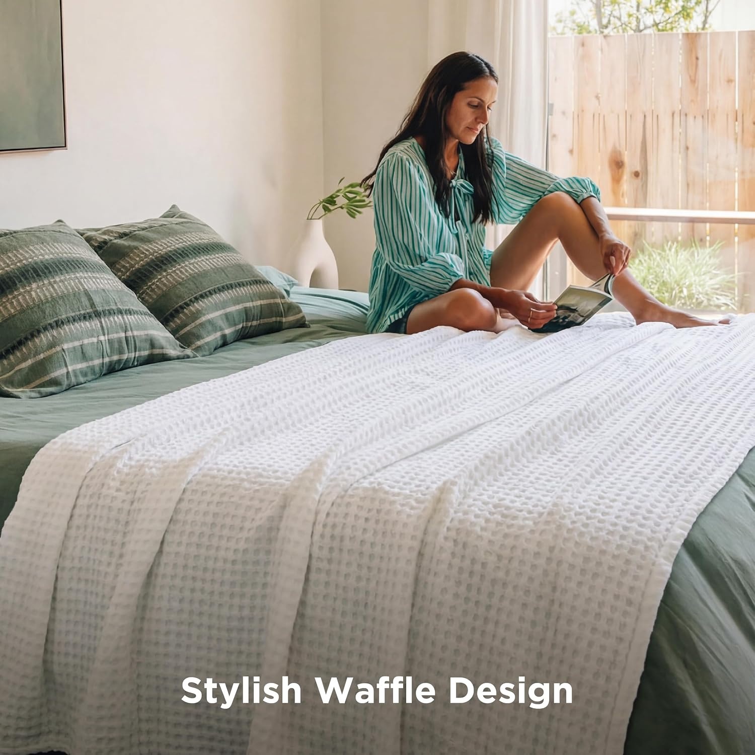 image:imageBedsure Cooling Cotton Waffle Full Size Blanket Lightweight Breathable Blanket of Rayon Derived from Bamboo for Hot Sleepers Luxury Throws for Bed Couch and Sofa Ivory 80x90 InchesWhite