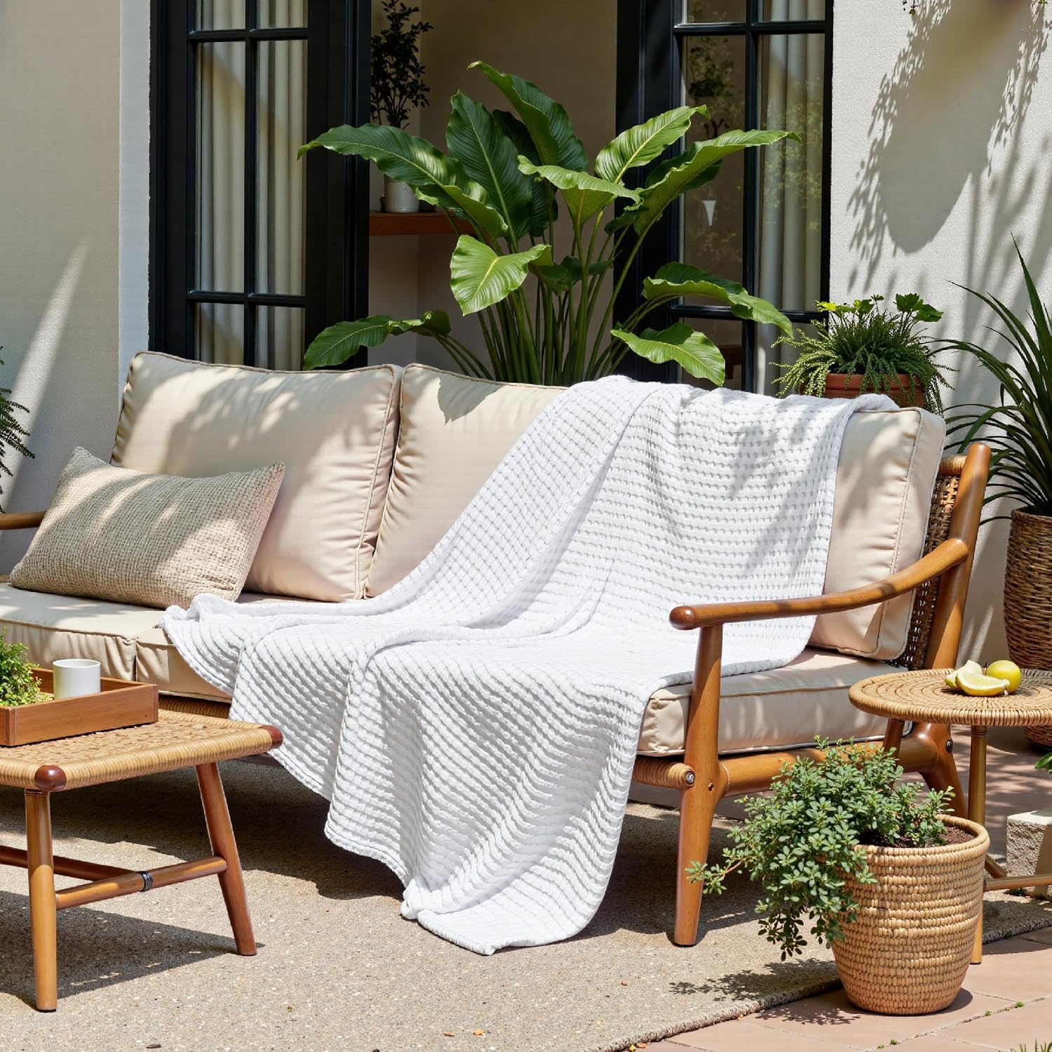 image:imageBedsure Cooling Cotton Waffle Full Size Blanket Lightweight Breathable Blanket of Rayon Derived from Bamboo for Hot Sleepers Luxury Throws for Bed Couch and Sofa Ivory 80x90 InchesWhite
