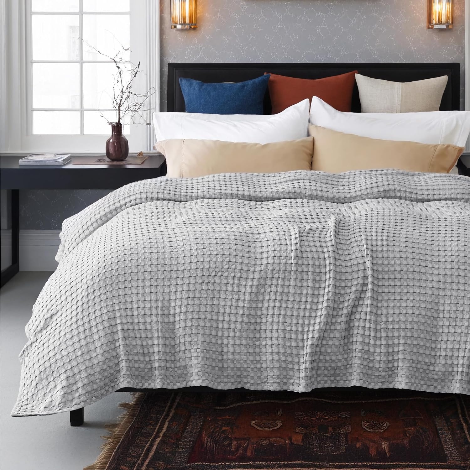 image:imageBedsure Cooling Cotton Waffle Full Size Blanket Lightweight Breathable Blanket of Rayon Derived from Bamboo for Hot Sleepers Luxury Throws for Bed Couch and Sofa Ivory 80x90 InchesGrey
