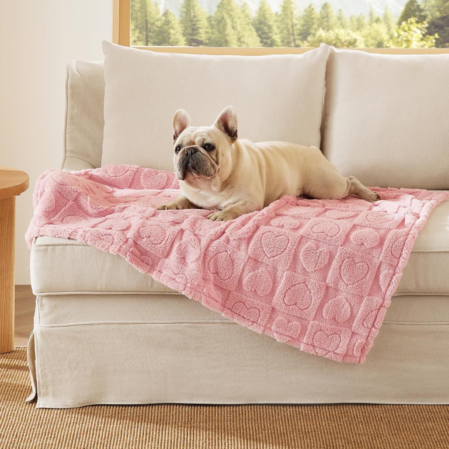 image:imageBedsure Dog Blanket for Small Dogs Puppy and Cats Soft Fleece 25x35 Blue 300GSM Fuzzy Jacquard Doggy Kitten Blanket Washable for Crate Cage Pet Bed Indoor Cats Puppy Essentials Cute Dog GiftPink Heart