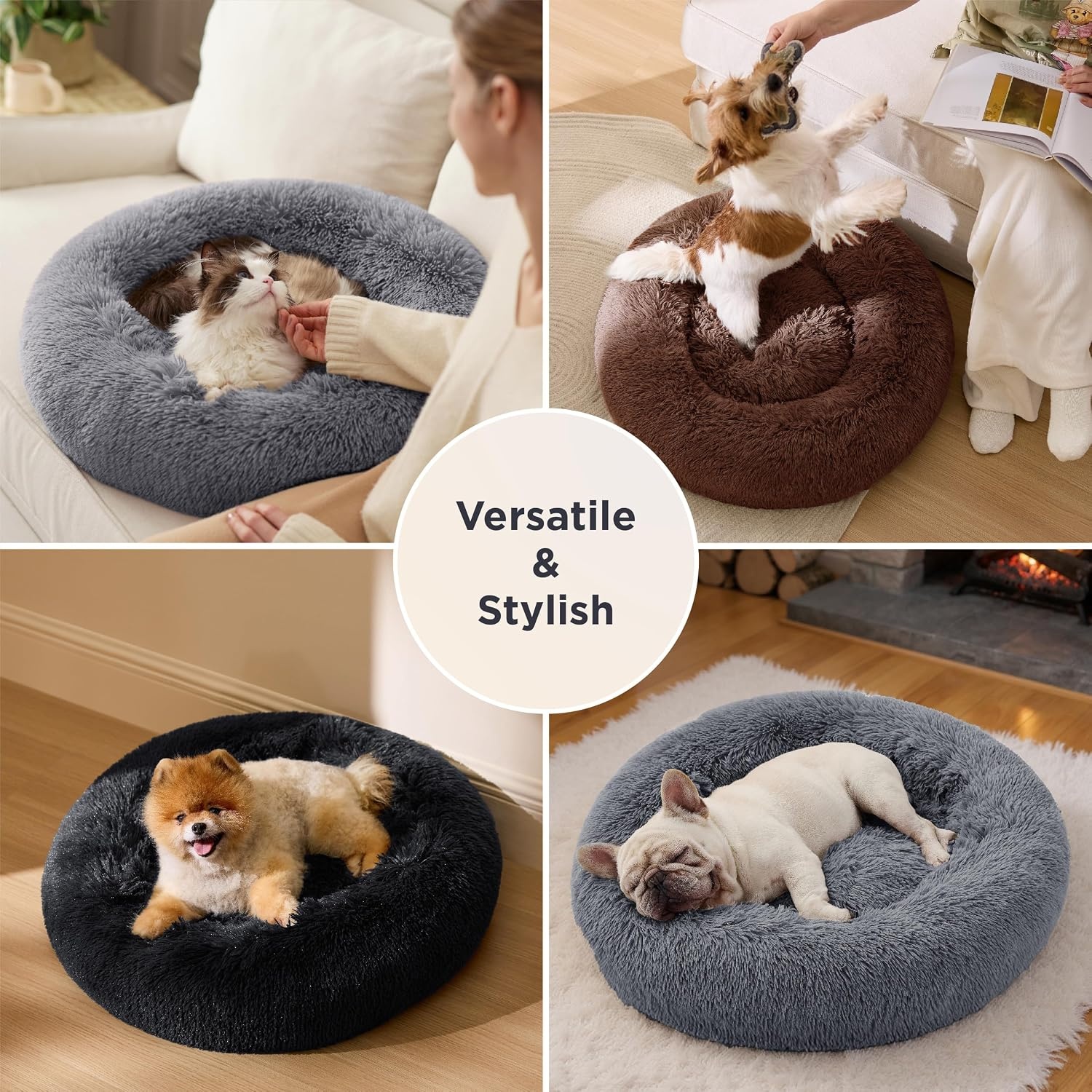 image:imageBedsure Donut Cat Bed Washable Round AntiAnxiety Kitten amp Puppy Bed 20x20InCat beds for Indoor Cats Calming Pet Bed Soft Fluffy Plush Comfy Cuddler Anti Slip Bottom Basic Version Brown