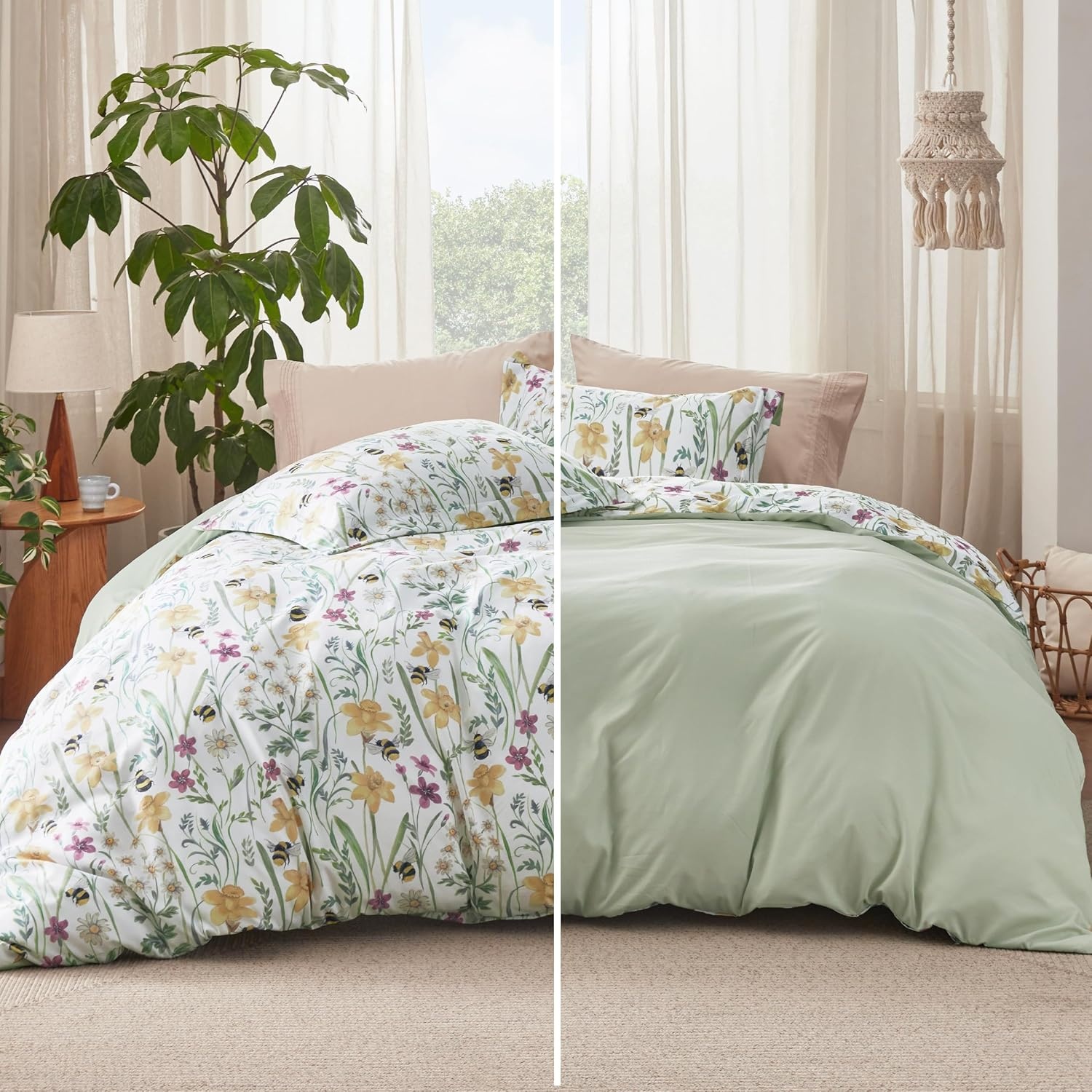 image:imageBedsure Duvet Cover King Size Reversible Navy Blue King Duvet Cover Set with Zipper Closure 3 Pieces Floral Patterned Bedding Set with 8 Corner Ties and 2 Pillow Shams15 Green Floral No Comforter