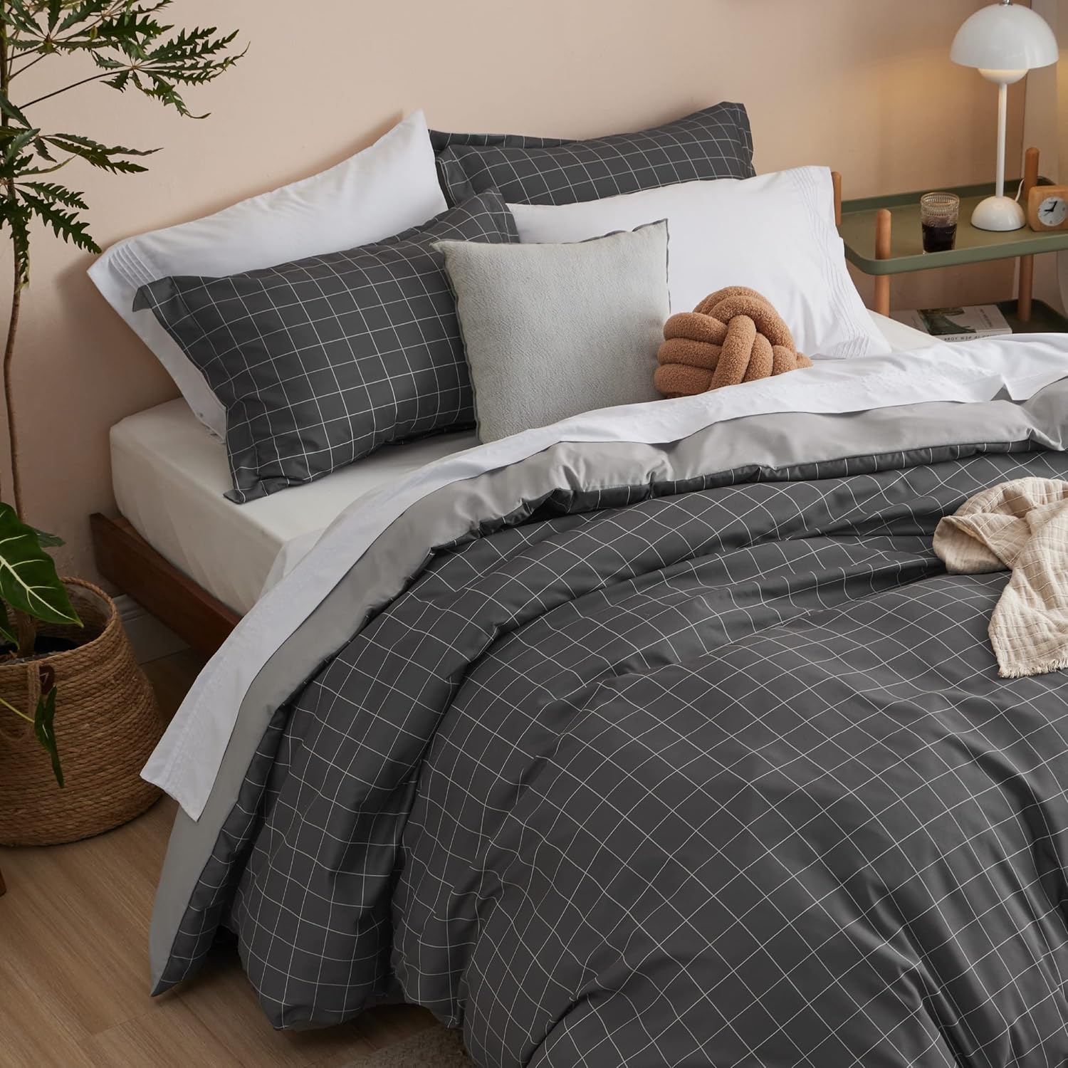 image:imageBedsure Duvet Cover King Size Reversible Navy Blue King Duvet Cover Set with Zipper Closure 3 Pieces Floral Patterned Bedding Set with 8 Corner Ties and 2 Pillow Shams12 Dark Grey No Comforter