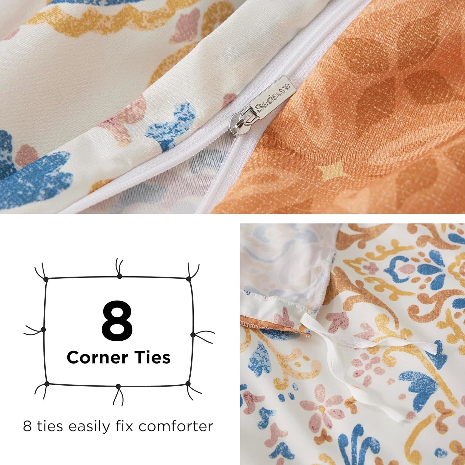 image:imageBedsure Duvet Cover King Size Reversible Navy Blue King Duvet Cover Set with Zipper Closure 3 Pieces Floral Patterned Bedding Set with 8 Corner Ties and 2 Pillow Shams13 Apricot Buff No Comforter