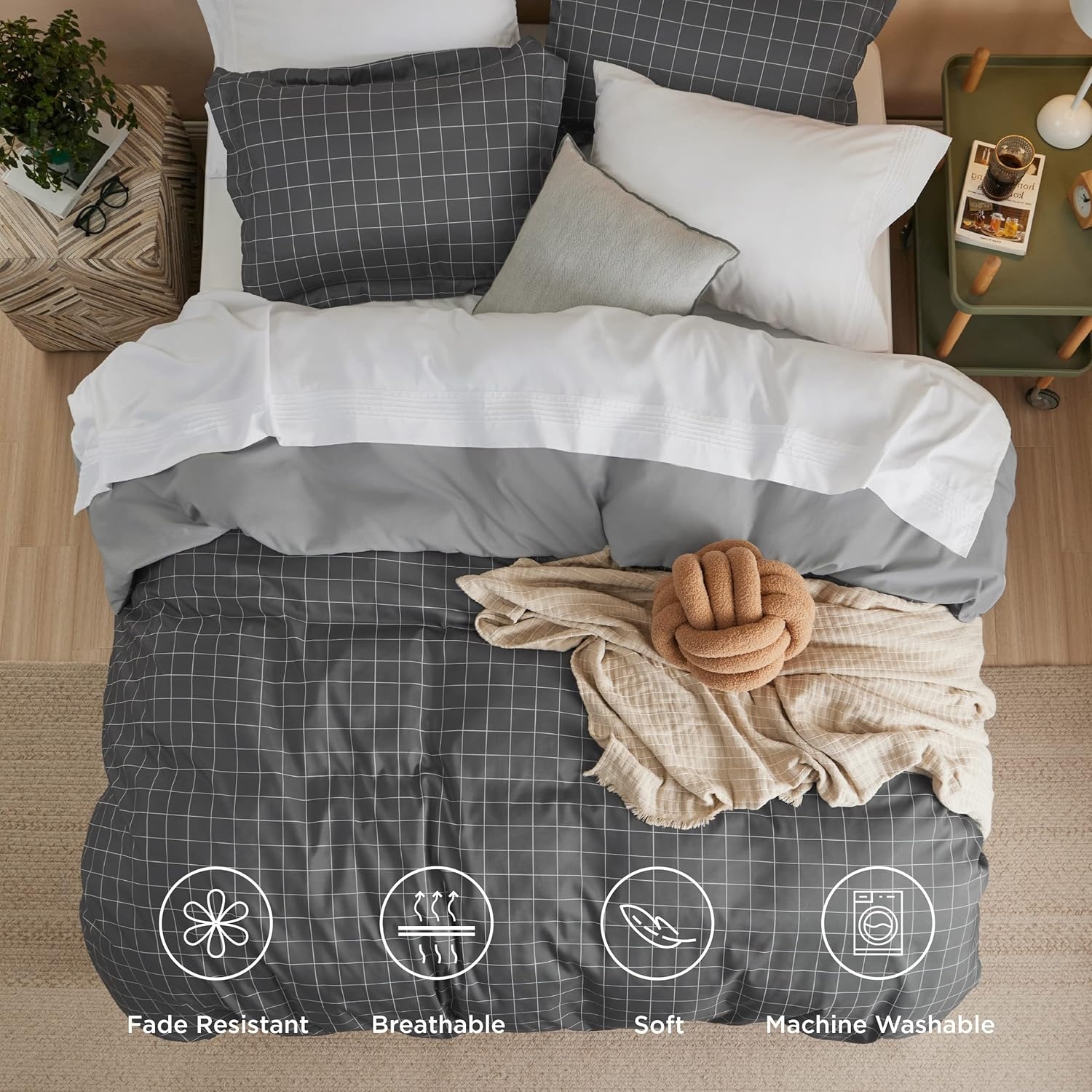 image:imageBedsure Duvet Cover King Size Reversible Navy Blue King Duvet Cover Set with Zipper Closure 3 Pieces Floral Patterned Bedding Set with 8 Corner Ties and 2 Pillow Shams12 Dark Grey No Comforter