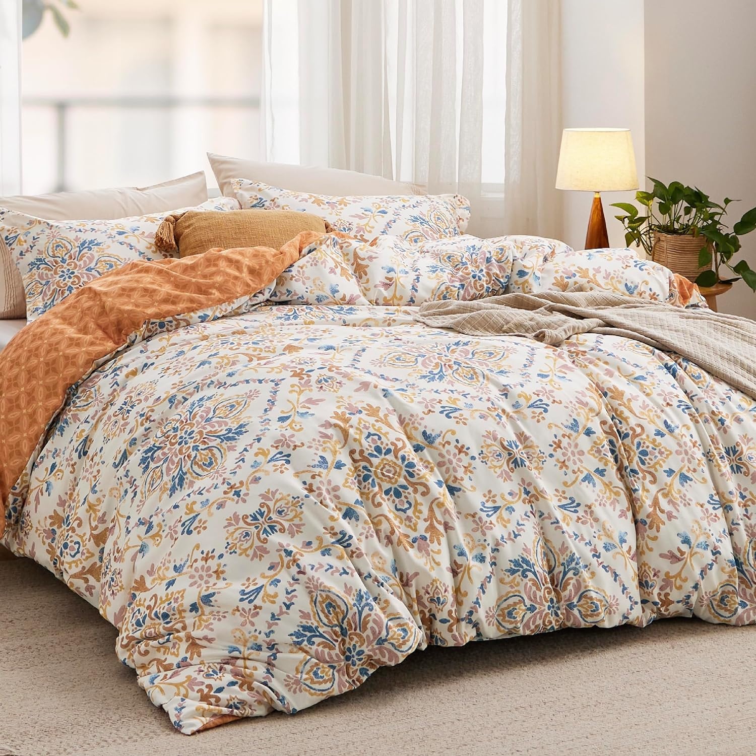 image:imageBedsure Duvet Cover King Size Reversible Navy Blue King Duvet Cover Set with Zipper Closure 3 Pieces Floral Patterned Bedding Set with 8 Corner Ties and 2 Pillow Shams13 Apricot Buff No Comforter