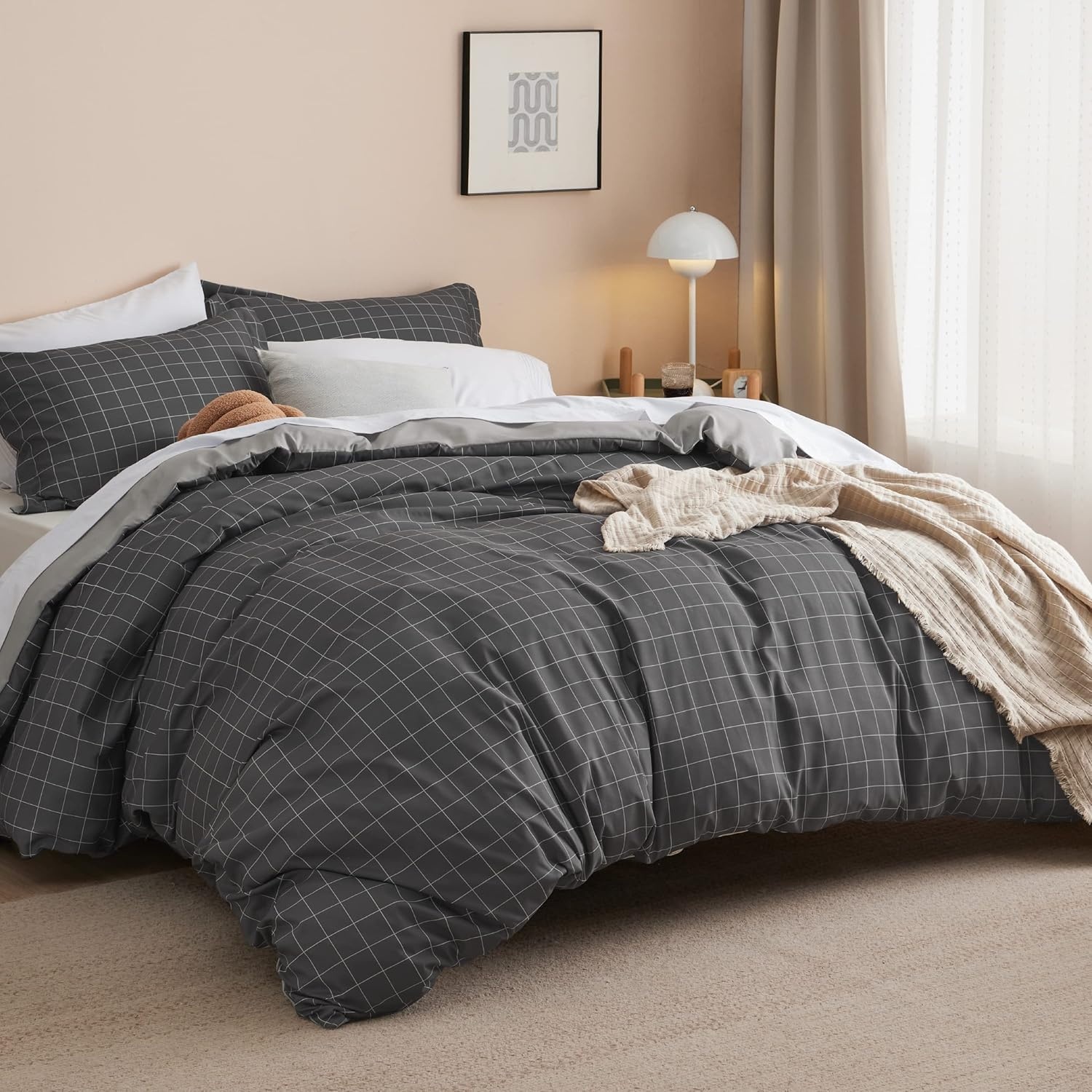 image:imageBedsure Duvet Cover King Size Reversible Navy Blue King Duvet Cover Set with Zipper Closure 3 Pieces Floral Patterned Bedding Set with 8 Corner Ties and 2 Pillow Shams12 Dark Grey No Comforter