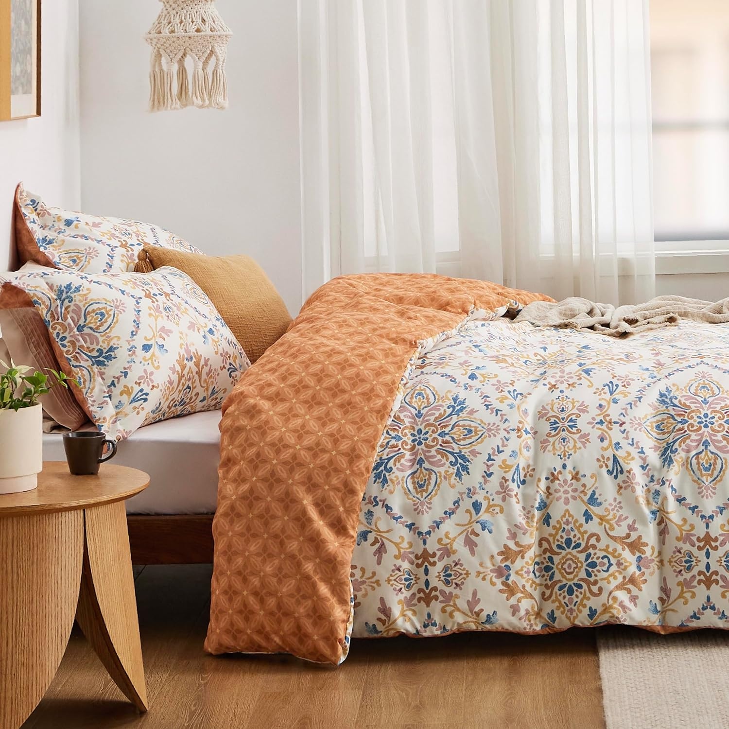 image:imageBedsure Duvet Cover King Size Reversible Navy Blue King Duvet Cover Set with Zipper Closure 3 Pieces Floral Patterned Bedding Set with 8 Corner Ties and 2 Pillow Shams13 Apricot Buff No Comforter