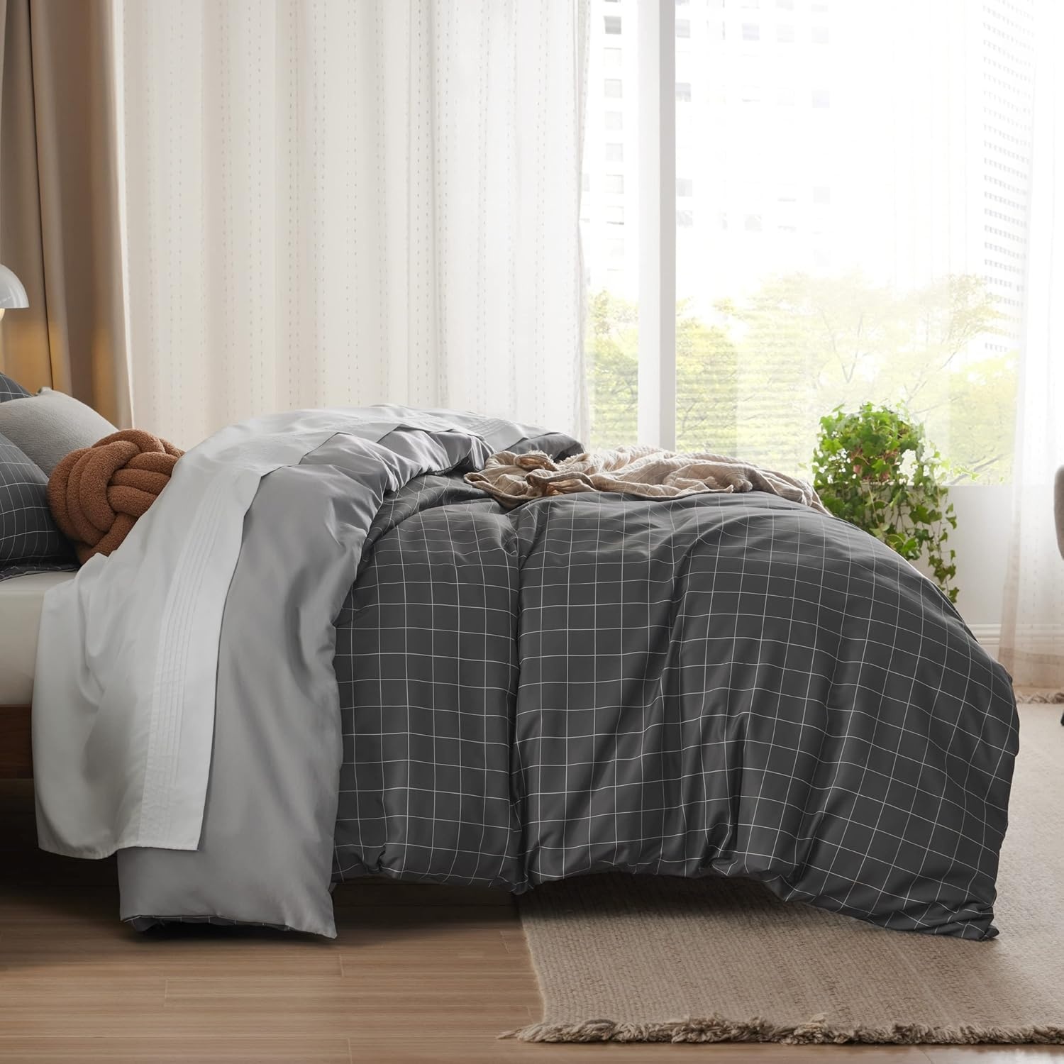 image:imageBedsure Duvet Cover King Size Reversible Navy Blue King Duvet Cover Set with Zipper Closure 3 Pieces Floral Patterned Bedding Set with 8 Corner Ties and 2 Pillow Shams12 Dark Grey No Comforter