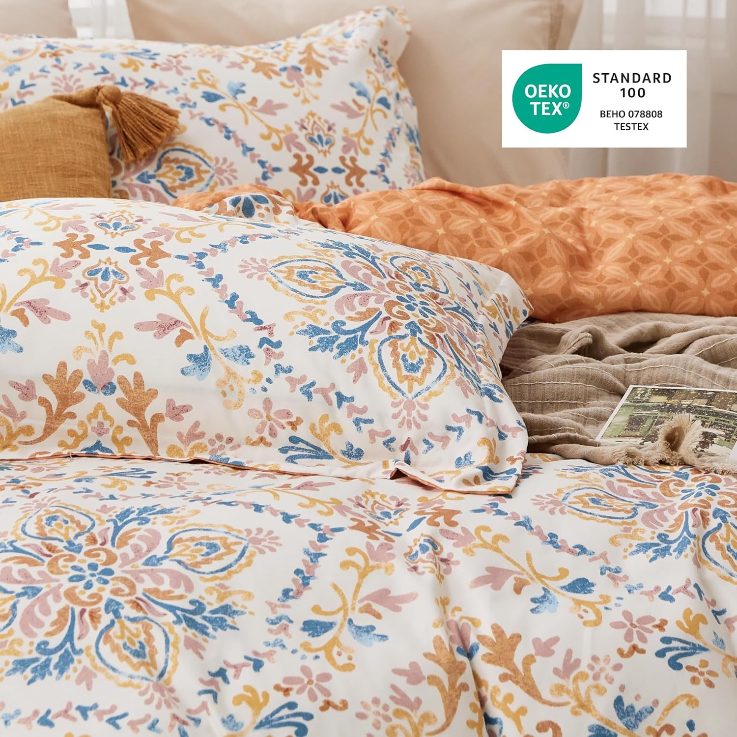 image:imageBedsure Duvet Cover King Size Reversible Navy Blue King Duvet Cover Set with Zipper Closure 3 Pieces Floral Patterned Bedding Set with 8 Corner Ties and 2 Pillow Shams13 Apricot Buff No Comforter