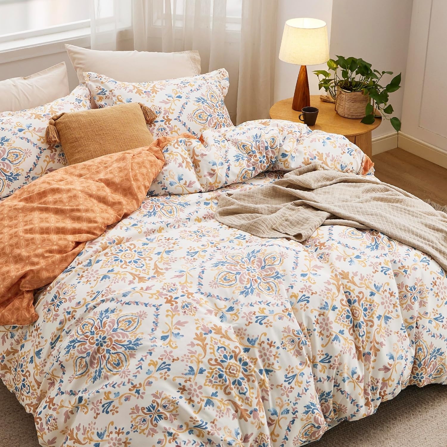 image:imageBedsure Duvet Cover King Size Reversible Navy Blue King Duvet Cover Set with Zipper Closure 3 Pieces Floral Patterned Bedding Set with 8 Corner Ties and 2 Pillow Shams13 Apricot Buff No Comforter