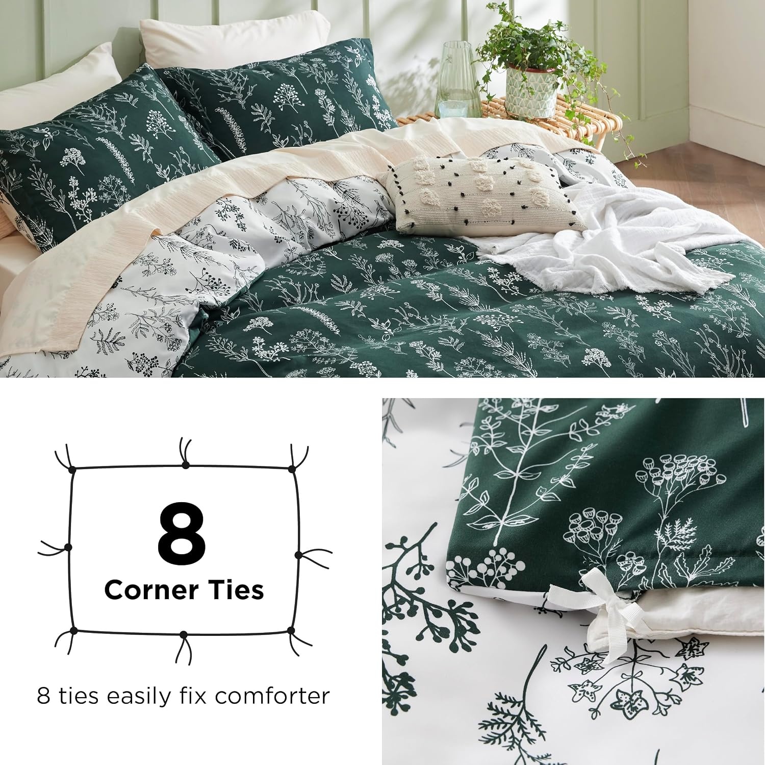 image:imageBedsure Duvet Cover King Size Reversible Navy Blue King Duvet Cover Set with Zipper Closure 3 Pieces Floral Patterned Bedding Set with 8 Corner Ties and 2 Pillow Shams32 Emerald Green No Comforter