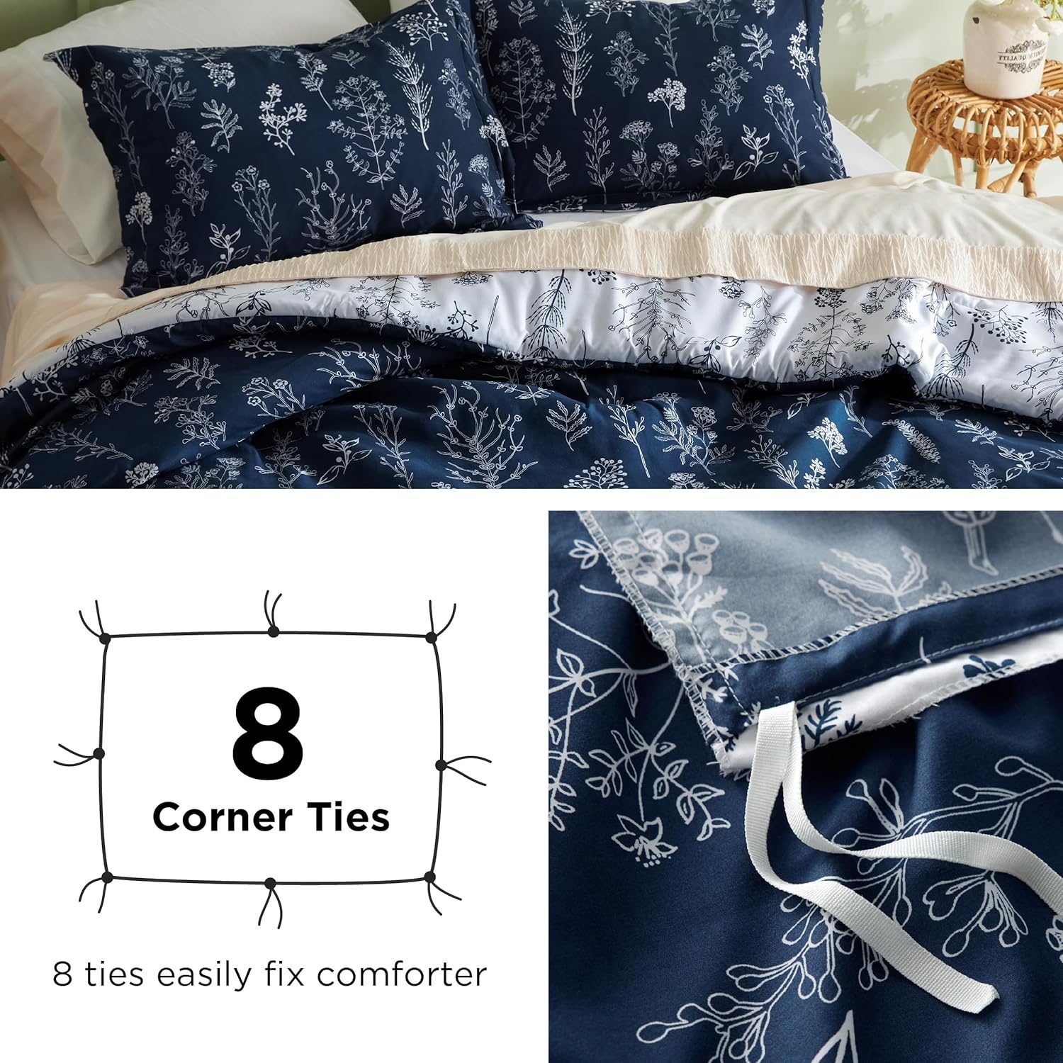 image:imageBedsure Duvet Cover King Size Reversible Navy Blue King Duvet Cover Set with Zipper Closure 3 Pieces Floral Patterned Bedding Set with 8 Corner Ties and 2 Pillow Shams02 Nave Blue No Comforter