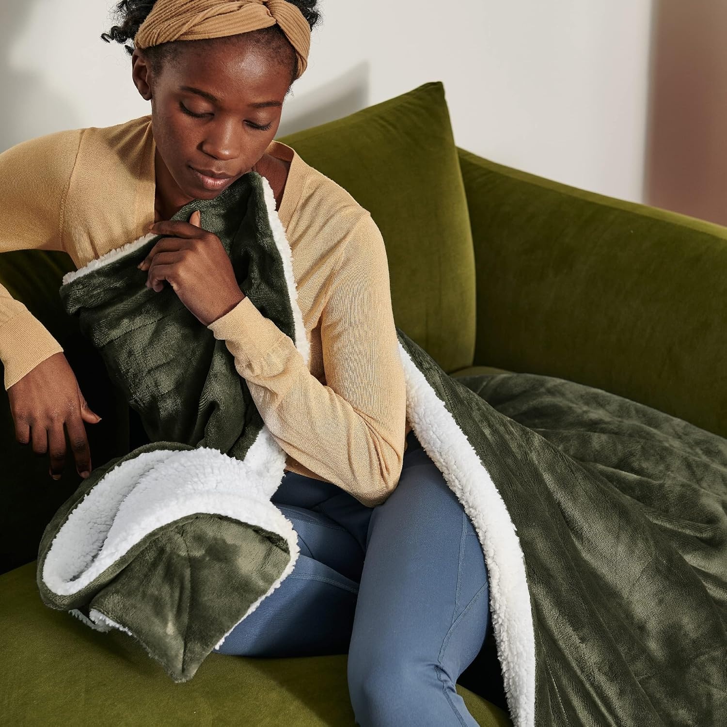 image:imageBedsure GentleSoft Sherpa Fleece Throw Blanket for Couch NonHeated Thick amp Warm Cozy Comfort Blanket for Winter Fall Soft Fuzzy Plush Throw Gifts for Women and Men Grey 50x60 Inches04 Olive Green