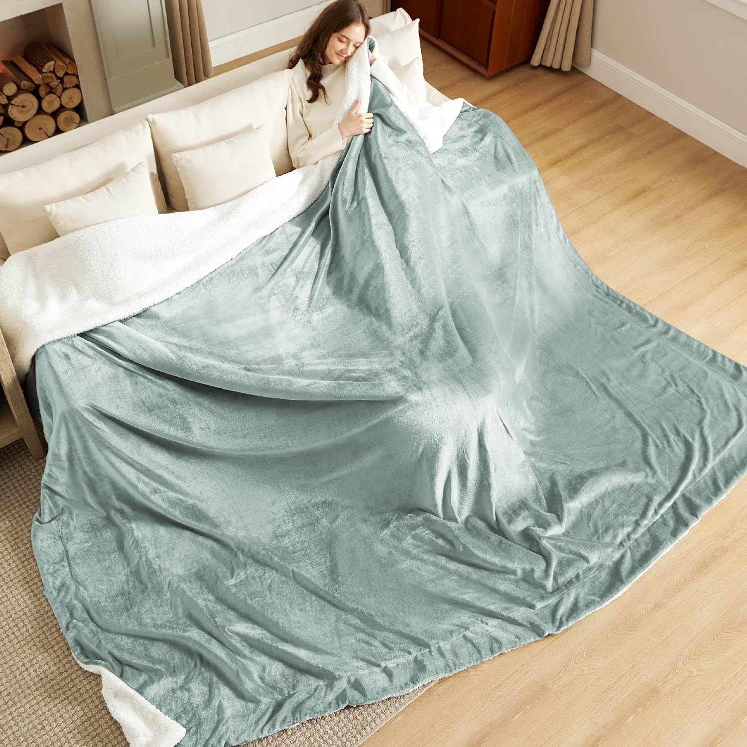 image:imageBedsure GentleSoft Sherpa Fleece Throw Blanket for Couch NonHeated Thick amp Warm Cozy Comfort Blanket for Winter Fall Soft Fuzzy Plush Throw Gifts for Women and Men Grey 50x60 Inches04 Sage Green