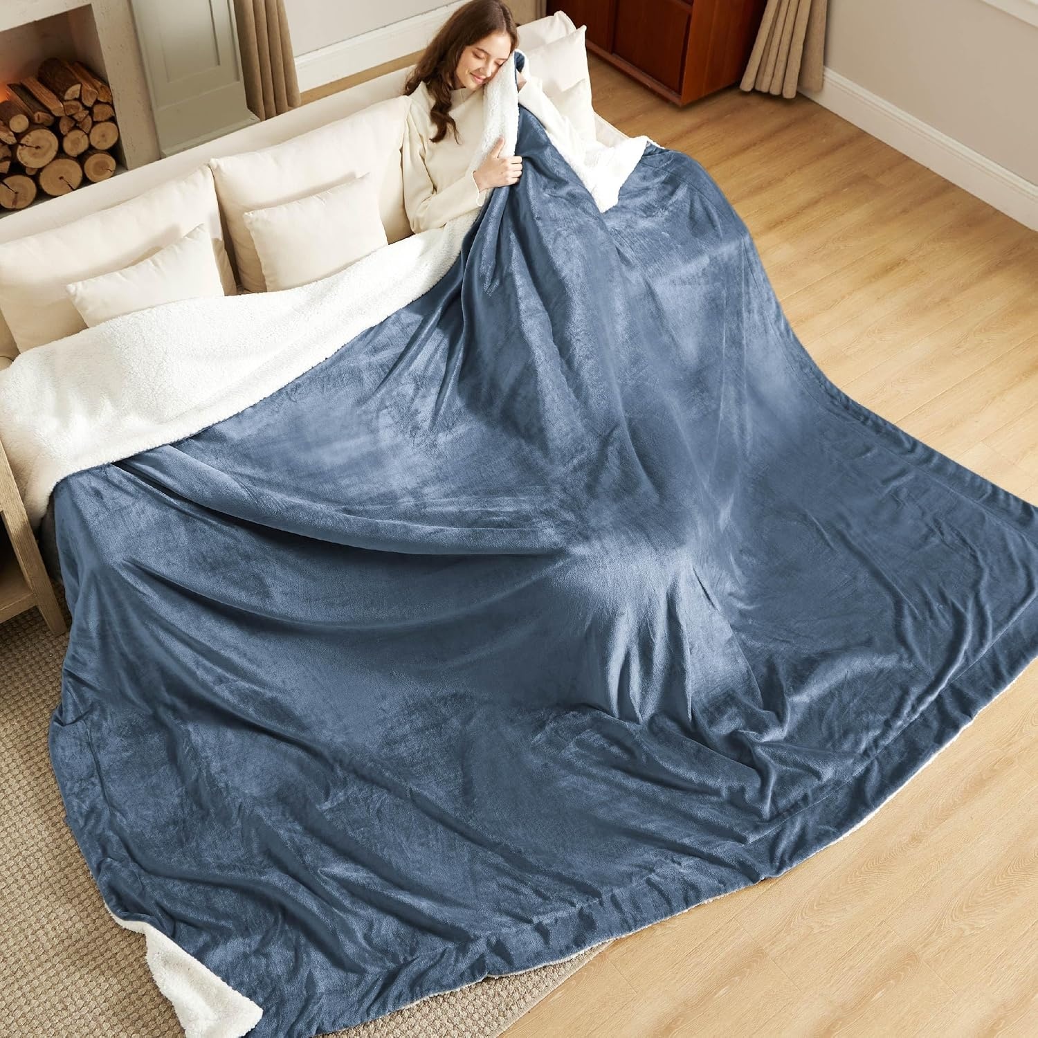 image:imageBedsure GentleSoft Sherpa Fleece Throw Blanket for Couch NonHeated Thick amp Warm Cozy Comfort Blanket for Winter Fall Soft Fuzzy Plush Throw Gifts for Women and Men Grey 50x60 Inches03 Slate Blue