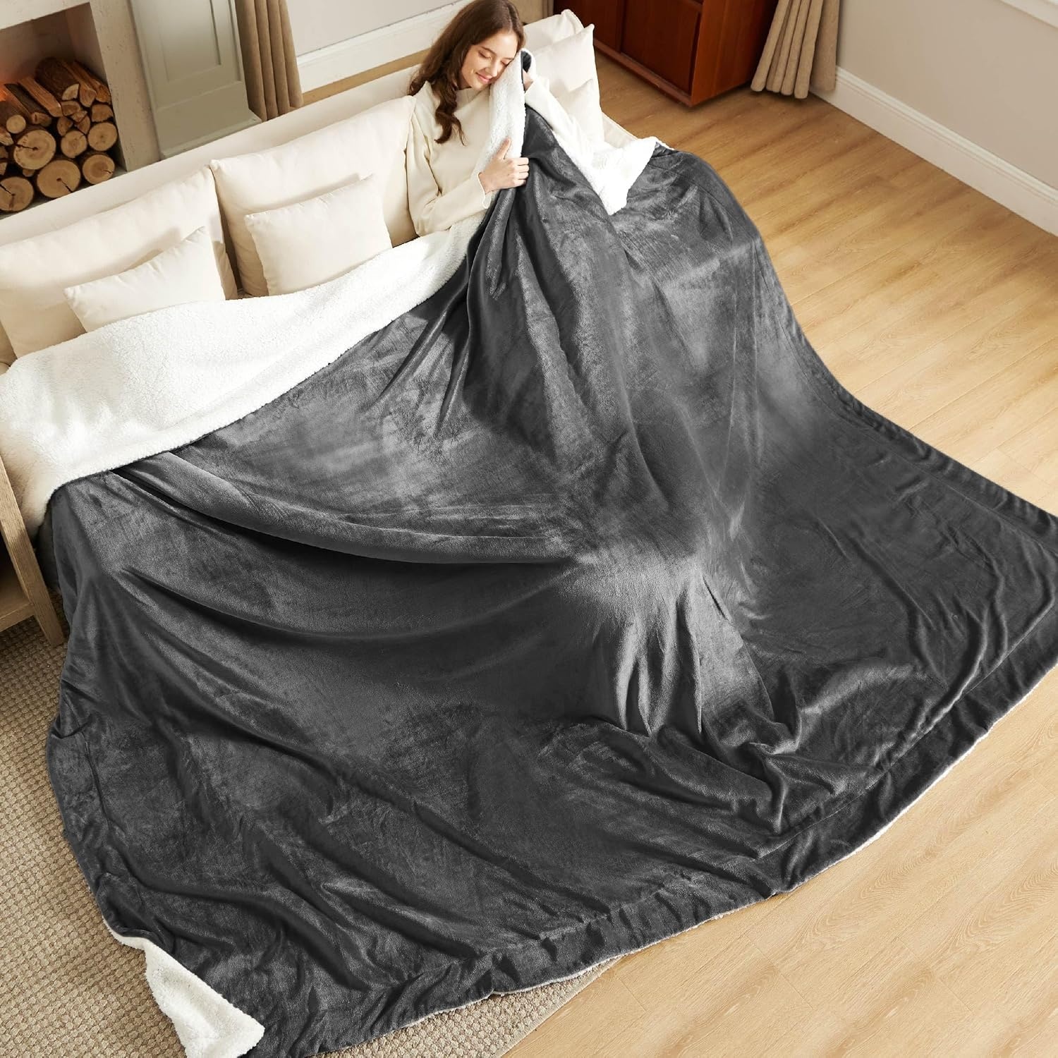 image:imageBedsure GentleSoft Sherpa Fleece Throw Blanket for Couch NonHeated Thick amp Warm Cozy Comfort Blanket for Winter Fall Soft Fuzzy Plush Throw Gifts for Women and Men Grey 50x60 Inches02 Charcoal