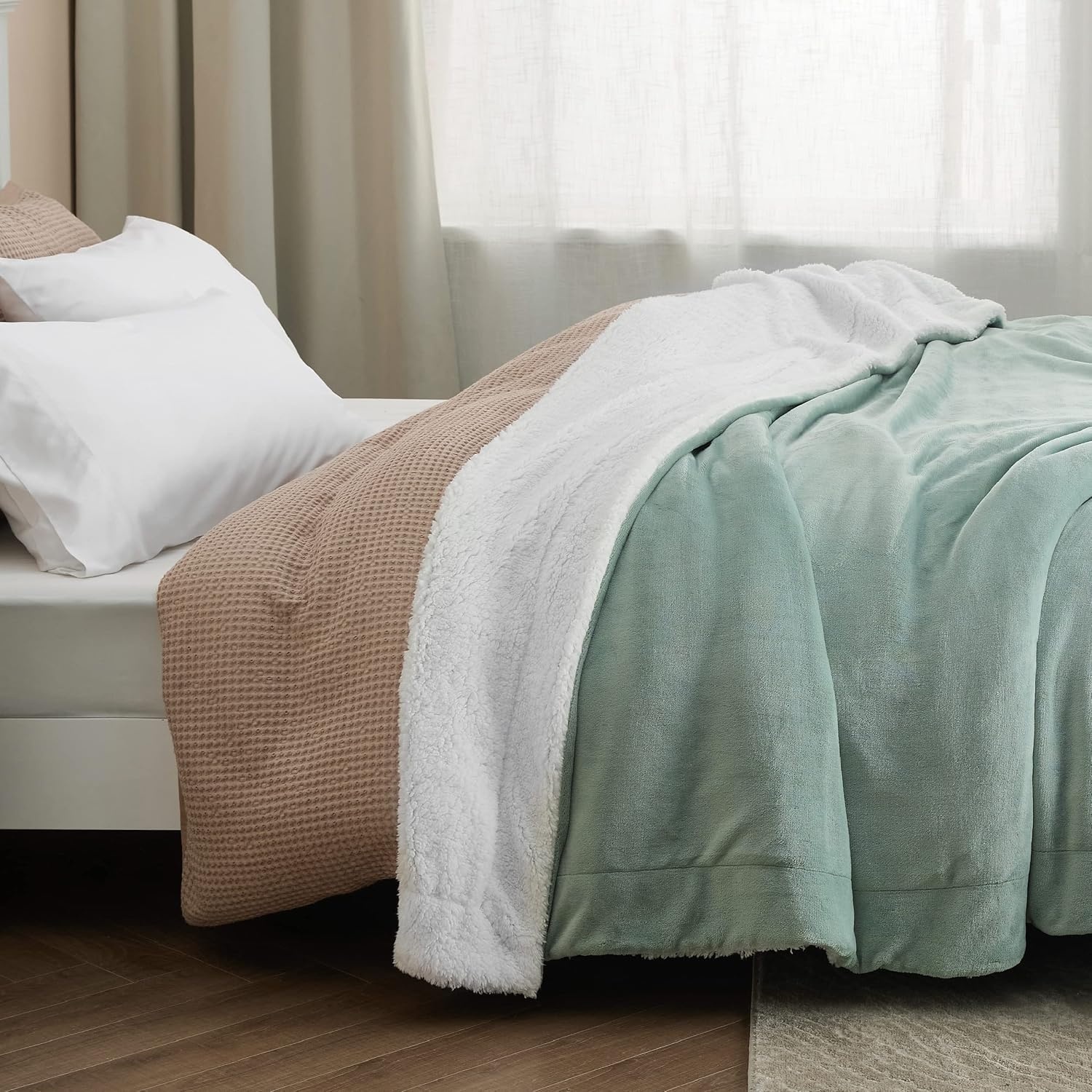 image:imageBedsure GentleSoft Sherpa Fleece Throw Blanket for Couch NonHeated Thick amp Warm Cozy Comfort Blanket for Winter Fall Soft Fuzzy Plush Throw Gifts for Women and Men Grey 50x60 Inches04 Sage Green