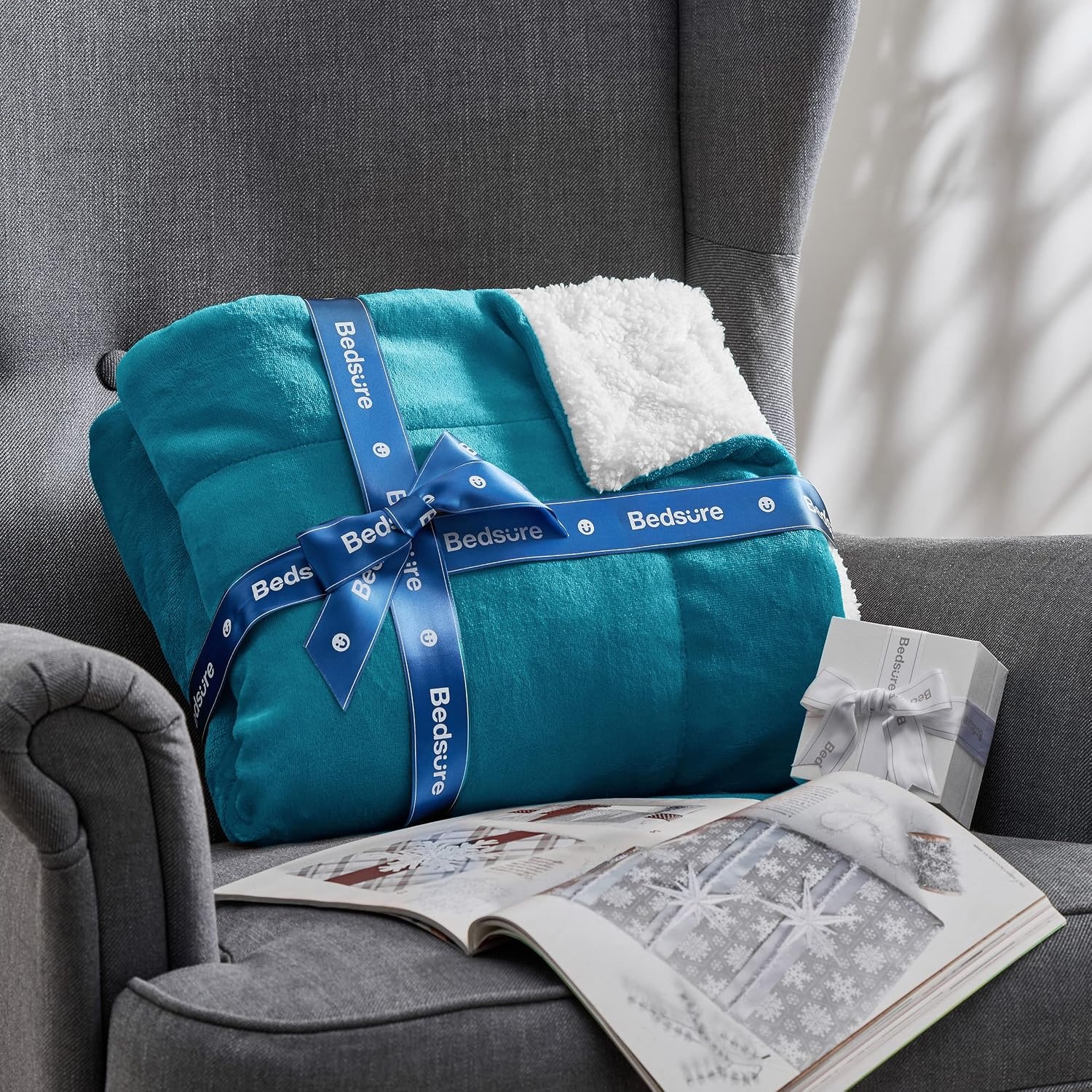 image:imageBedsure GentleSoft Sherpa Fleece Throw Blanket for Couch NonHeated Thick amp Warm Cozy Comfort Blanket for Winter Fall Soft Fuzzy Plush Throw Gifts for Women and Men Grey 50x60 Inches09 Teal