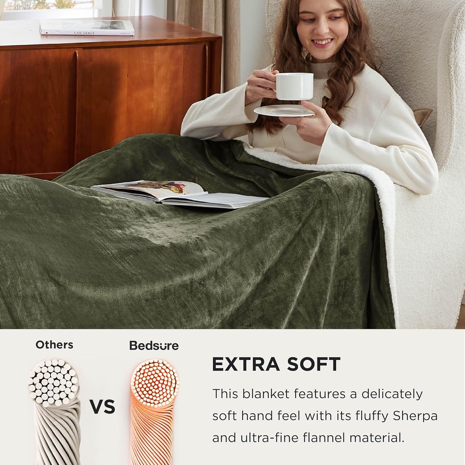 image:imageBedsure GentleSoft Sherpa Fleece Throw Blanket for Couch NonHeated Thick amp Warm Cozy Comfort Blanket for Winter Fall Soft Fuzzy Plush Throw Gifts for Women and Men Grey 50x60 Inches04 Olive Green