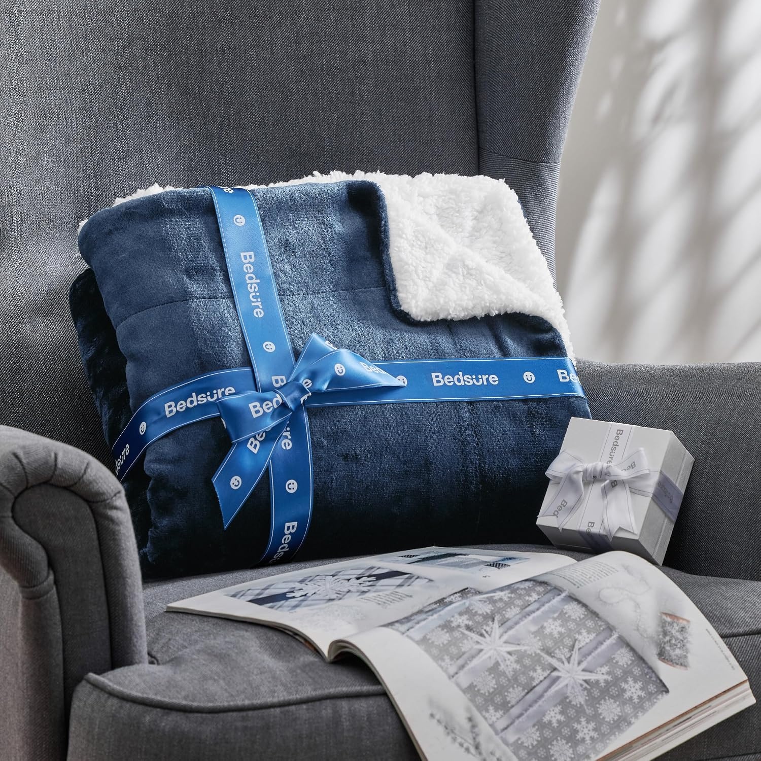 image:imageBedsure GentleSoft Sherpa Fleece Throw Blanket for Couch NonHeated Thick amp Warm Cozy Comfort Blanket for Winter Fall Soft Fuzzy Plush Throw Gifts for Women and Men Grey 50x60 Inches03 Slate Blue