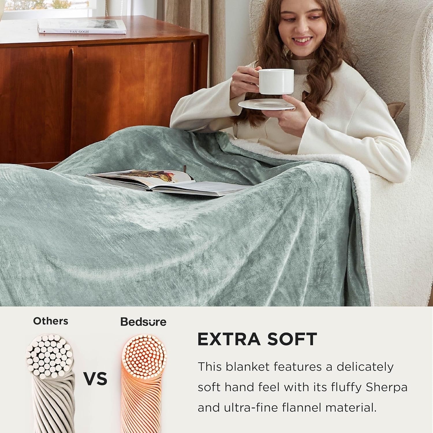 image:imageBedsure GentleSoft Sherpa Fleece Throw Blanket for Couch NonHeated Thick amp Warm Cozy Comfort Blanket for Winter Fall Soft Fuzzy Plush Throw Gifts for Women and Men Grey 50x60 Inches04 Sage Green