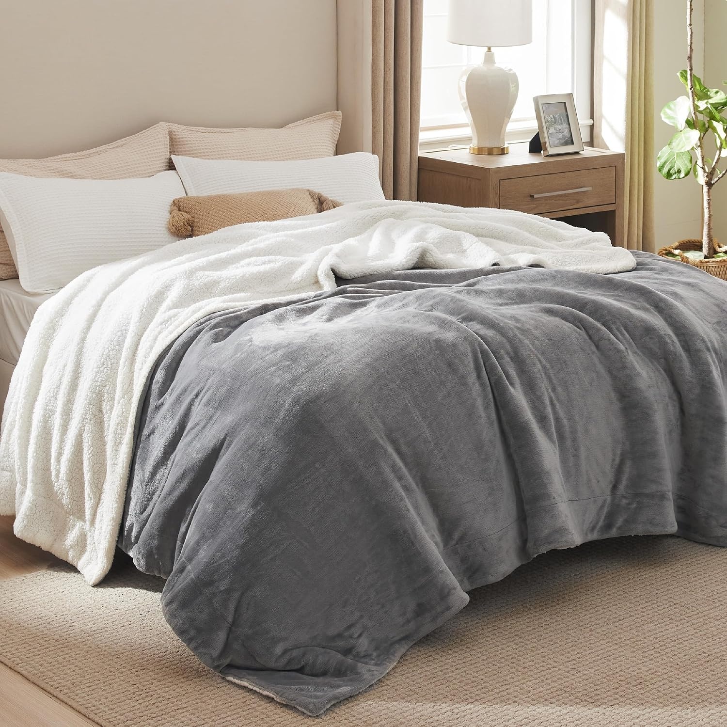 image:imageBedsure GentleSoft Sherpa Fleece Throw Blanket for Couch NonHeated Thick amp Warm Cozy Comfort Blanket for Winter Fall Soft Fuzzy Plush Throw Gifts for Women and Men Grey 50x60 Inches01 Grey