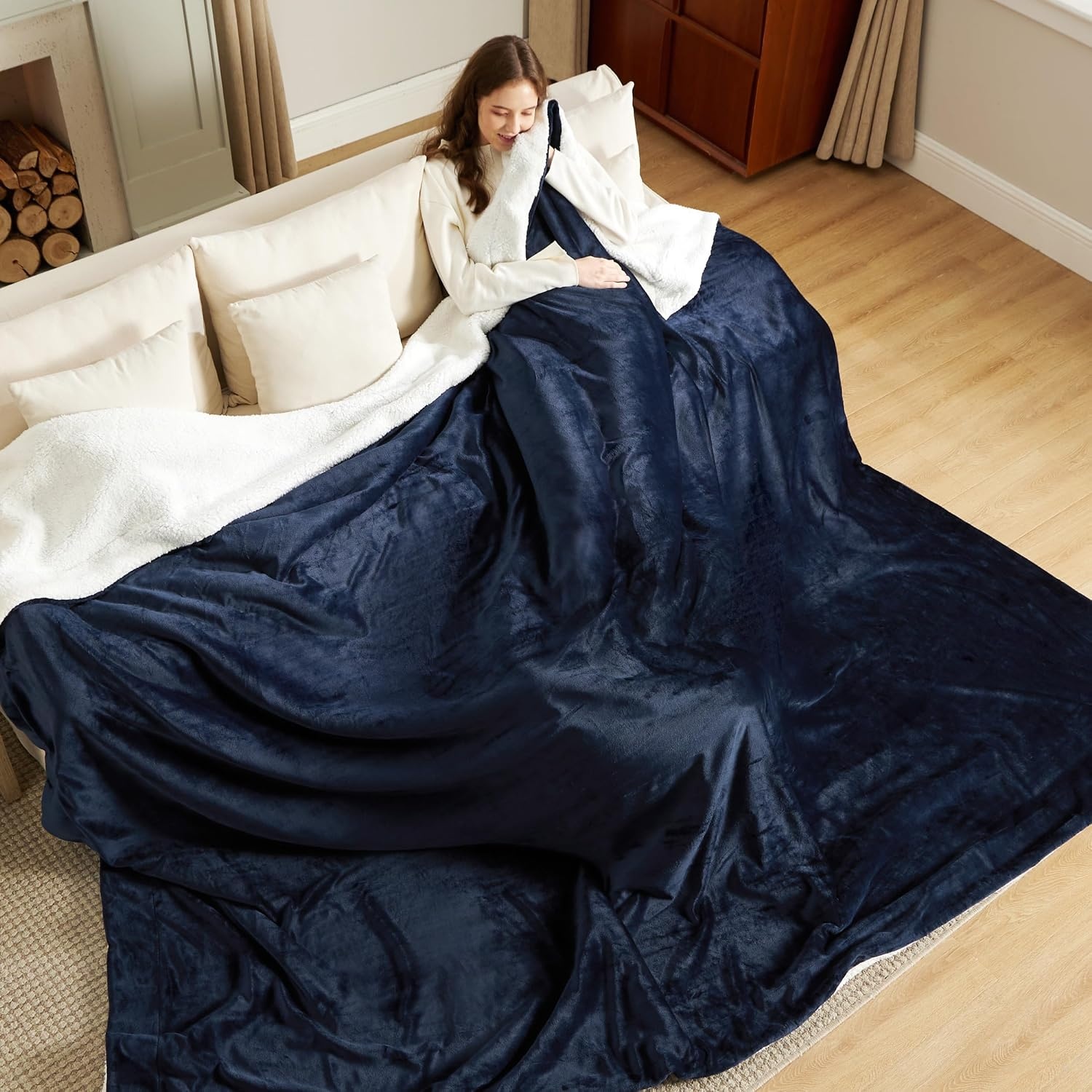 image:imageBedsure GentleSoft Sherpa Fleece Throw Blanket for Couch NonHeated Thick amp Warm Cozy Comfort Blanket for Winter Fall Soft Fuzzy Plush Throw Gifts for Women and Men Grey 50x60 Inches03 Navy