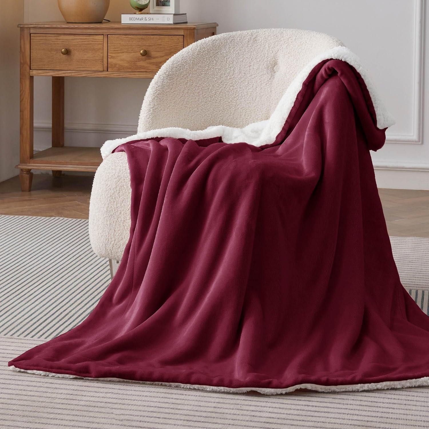 image:imageBedsure GentleSoft Sherpa Fleece Throw Blanket for Couch NonHeated Thick amp Warm Cozy Comfort Blanket for Winter Fall Soft Fuzzy Plush Throw Gifts for Women and Men Grey 50x60 Inches07 Burgundy