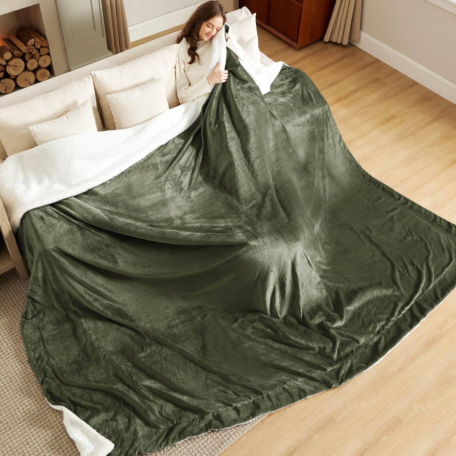 image:imageBedsure GentleSoft Sherpa Fleece Throw Blanket for Couch NonHeated Thick amp Warm Cozy Comfort Blanket for Winter Fall Soft Fuzzy Plush Throw Gifts for Women and Men Grey 50x60 Inches04 Olive Green