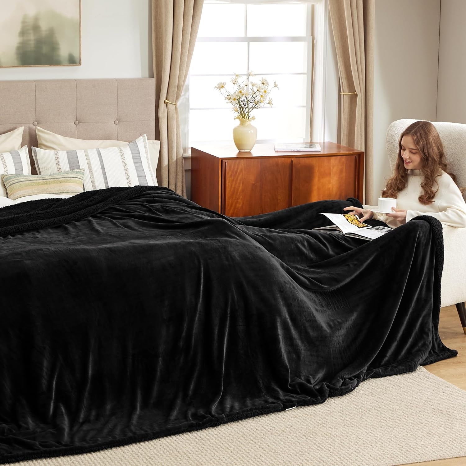 image:imageBedsure GentleSoft Sherpa Fleece Throw Blanket for Couch NonHeated Thick amp Warm Cozy Comfort Blanket for Winter Fall Soft Fuzzy Plush Throw Gifts for Women and Men Grey 50x60 Inches02 Black