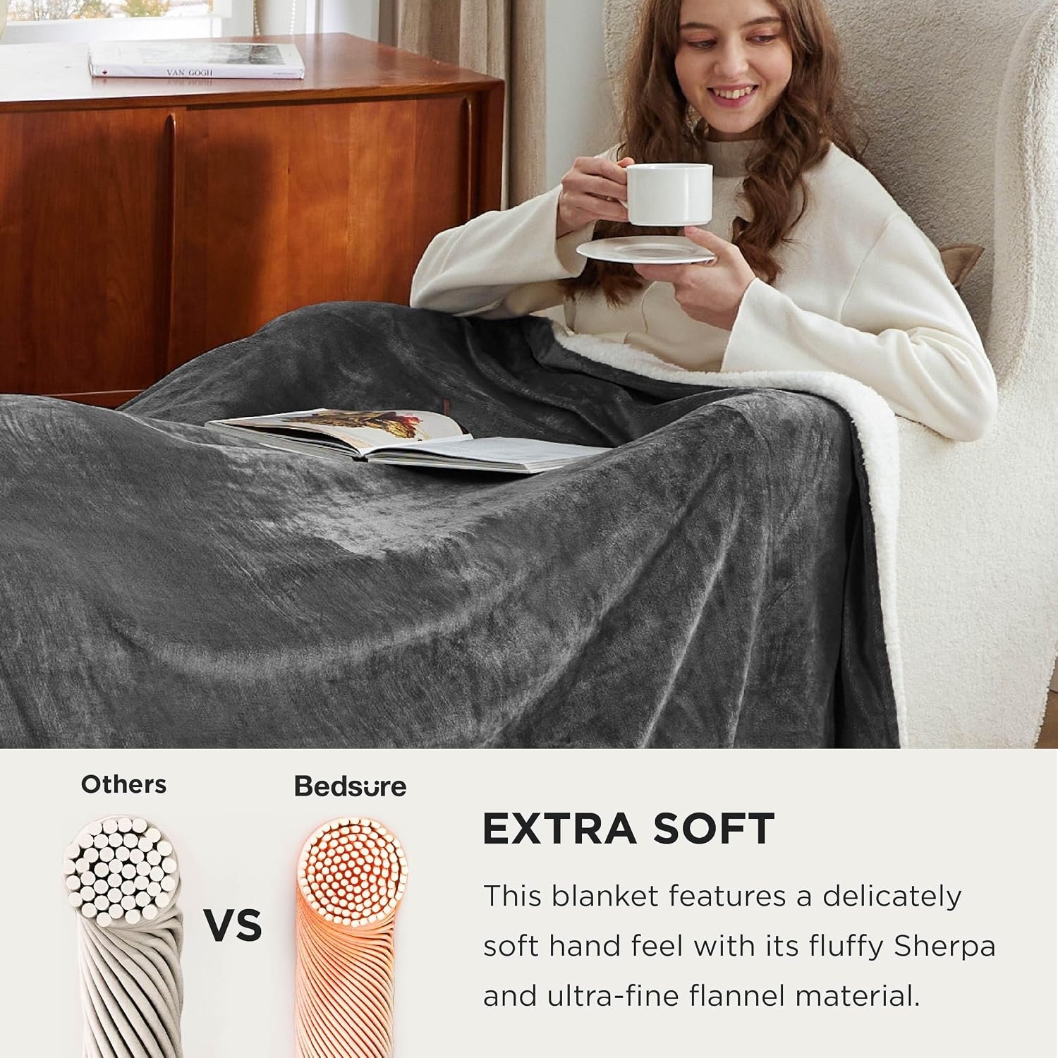 image:imageBedsure GentleSoft Sherpa Fleece Throw Blanket for Couch NonHeated Thick amp Warm Cozy Comfort Blanket for Winter Fall Soft Fuzzy Plush Throw Gifts for Women and Men Grey 50x60 Inches02 Charcoal
