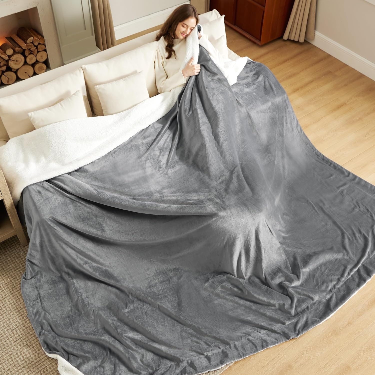 image:imageBedsure GentleSoft Sherpa Fleece Throw Blanket for Couch NonHeated Thick amp Warm Cozy Comfort Blanket for Winter Fall Soft Fuzzy Plush Throw Gifts for Women and Men Grey 50x60 Inches01 Grey
