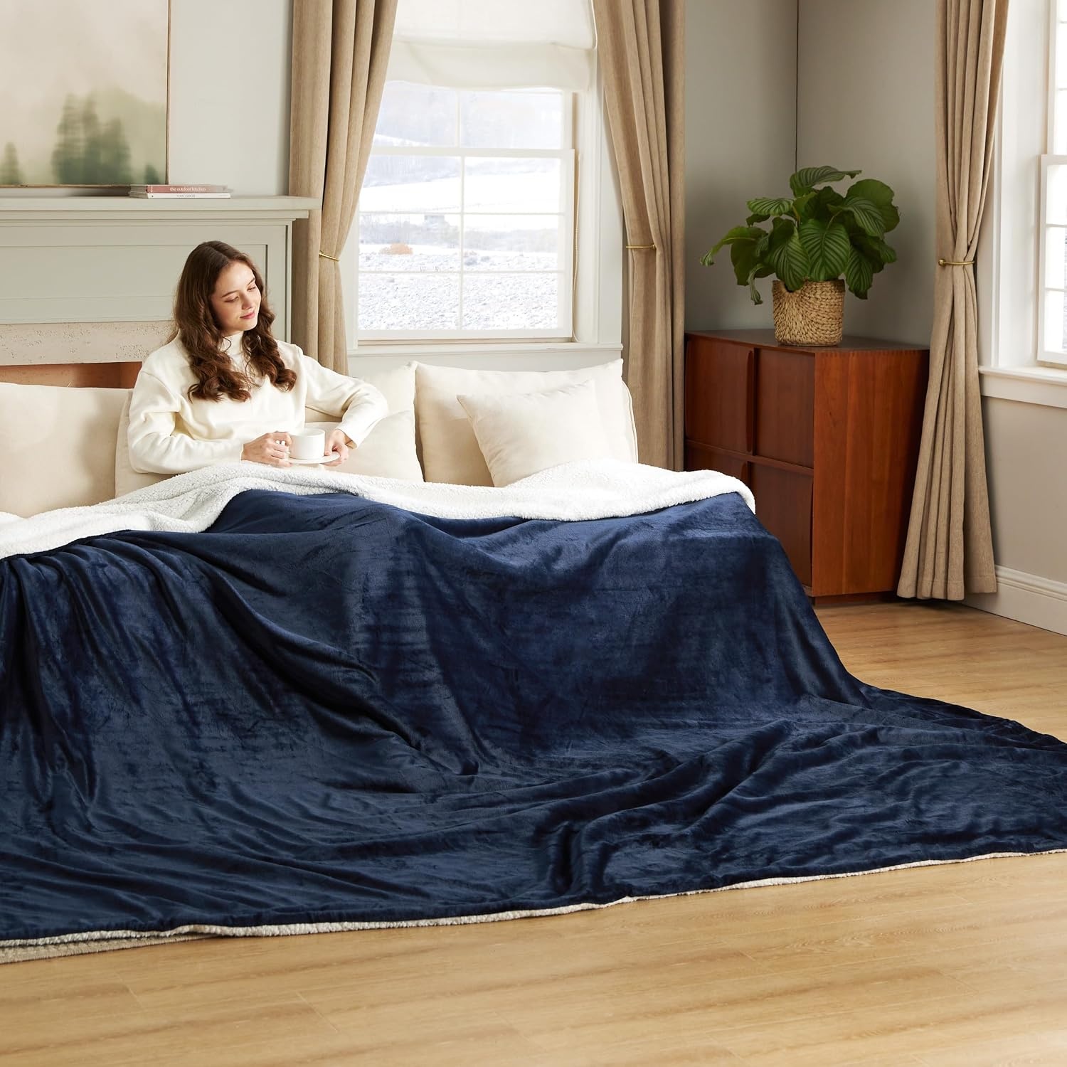 image:imageBedsure GentleSoft Sherpa Fleece Throw Blanket for Couch NonHeated Thick amp Warm Cozy Comfort Blanket for Winter Fall Soft Fuzzy Plush Throw Gifts for Women and Men Grey 50x60 Inches03 Navy
