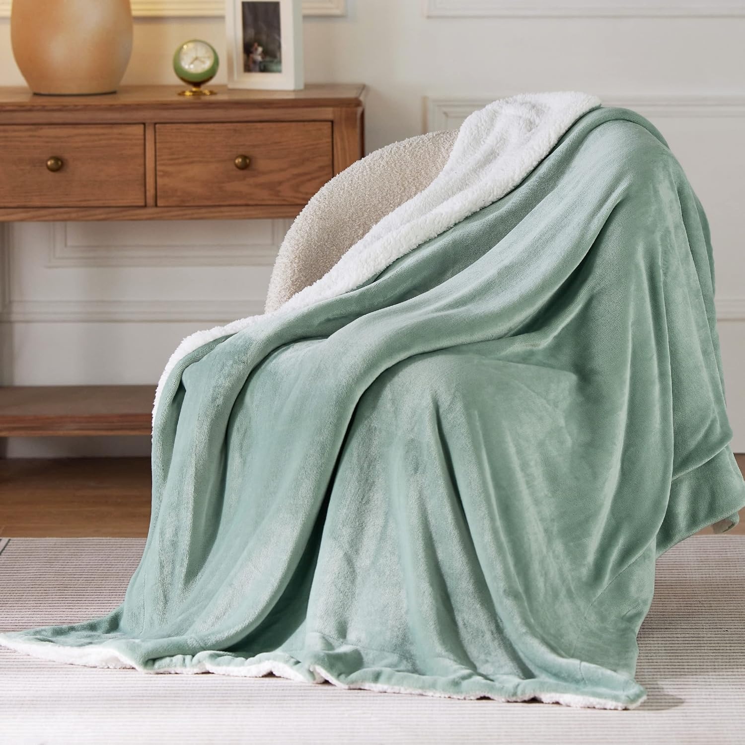 image:imageBedsure GentleSoft Sherpa Fleece Throw Blanket for Couch NonHeated Thick amp Warm Cozy Comfort Blanket for Winter Fall Soft Fuzzy Plush Throw Gifts for Women and Men Grey 50x60 Inches04 Sage Green