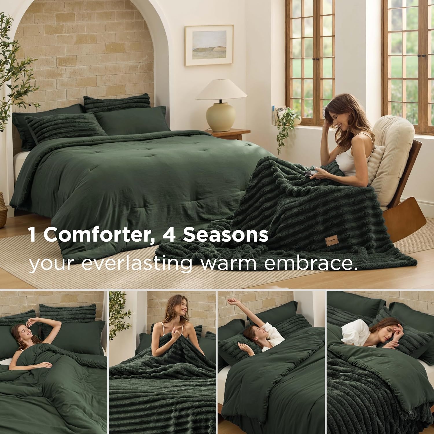 image:imageBedsure Gentlesoft 2in1 Queen Comforter Set and Detachable Fluffy Blanket Beige Bedding Set for All Season Use Detachable Design for Space Saving Includes 2 Pillow Shams 2 Pillowcases03 Olive Green