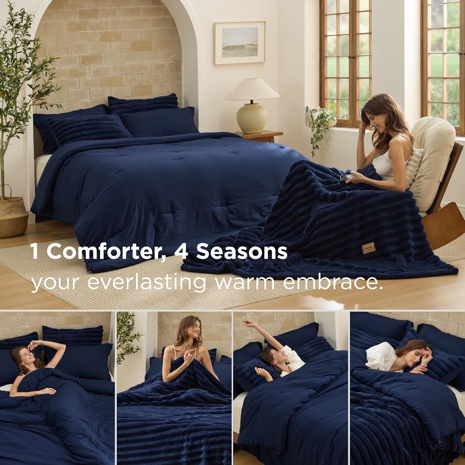 image:imageBedsure Gentlesoft 2in1 Queen Comforter Set and Detachable Fluffy Blanket Beige Bedding Set for All Season Use Detachable Design for Space Saving Includes 2 Pillow Shams 2 Pillowcases05 Navy Blue