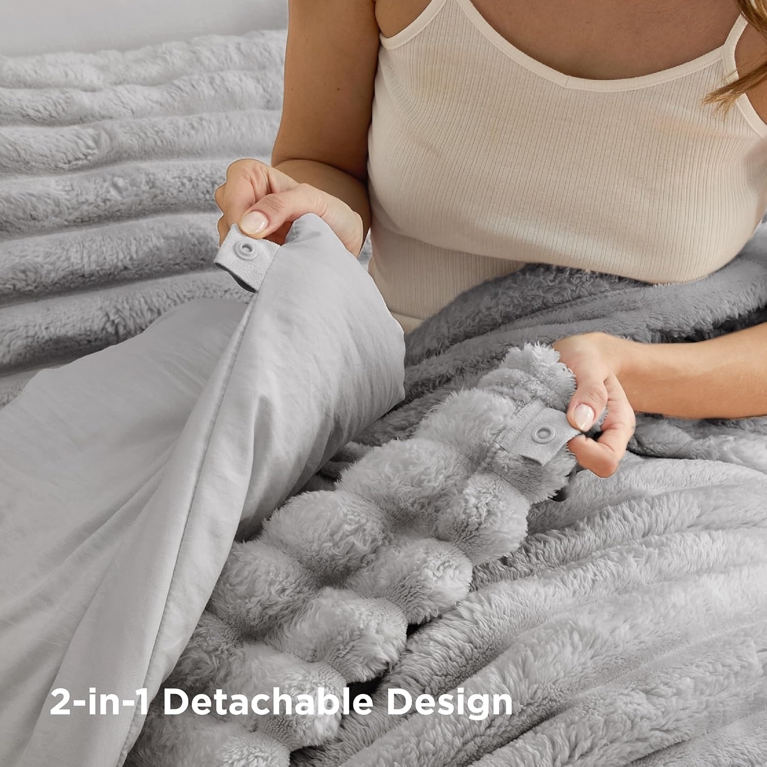 image:imageBedsure Gentlesoft 2in1 Queen Comforter Set and Detachable Fluffy Blanket Beige Bedding Set for All Season Use Detachable Design for Space Saving Includes 2 Pillow Shams 2 Pillowcases07 Grey