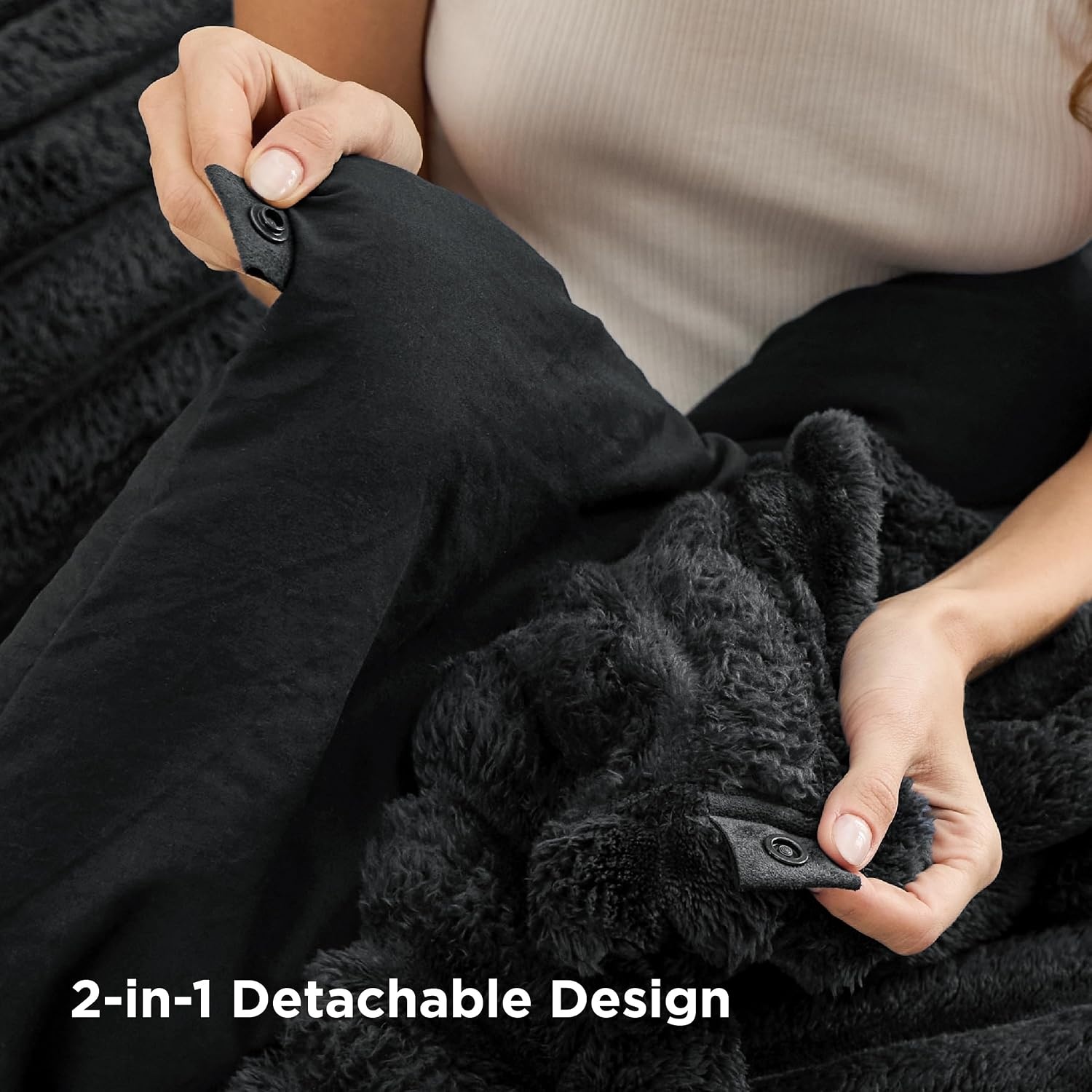 image:imageBedsure Gentlesoft 2in1 Queen Comforter Set and Detachable Fluffy Blanket Beige Bedding Set for All Season Use Detachable Design for Space Saving Includes 2 Pillow Shams 2 Pillowcases04 Black
