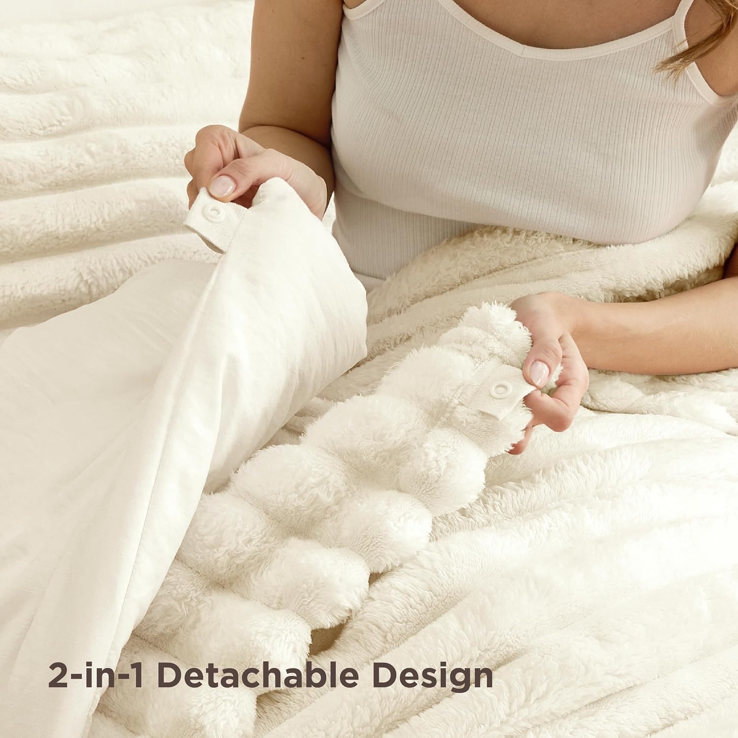 image:imageBedsure Gentlesoft 2in1 Queen Comforter Set and Detachable Fluffy Blanket Beige Bedding Set for All Season Use Detachable Design for Space Saving Includes 2 Pillow Shams 2 Pillowcases02 Cream White