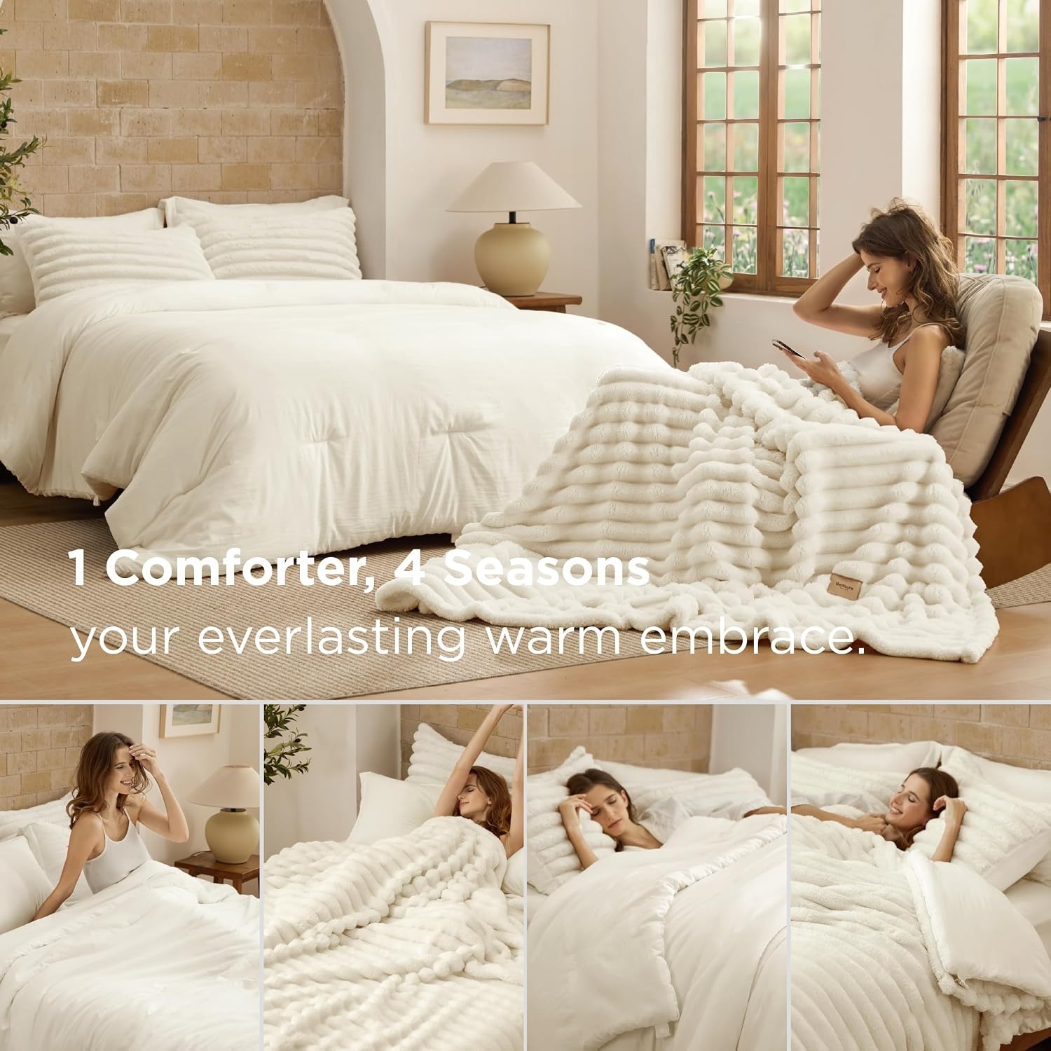 image:imageBedsure Gentlesoft 2in1 Queen Comforter Set and Detachable Fluffy Blanket Beige Bedding Set for All Season Use Detachable Design for Space Saving Includes 2 Pillow Shams 2 Pillowcases02 Cream White
