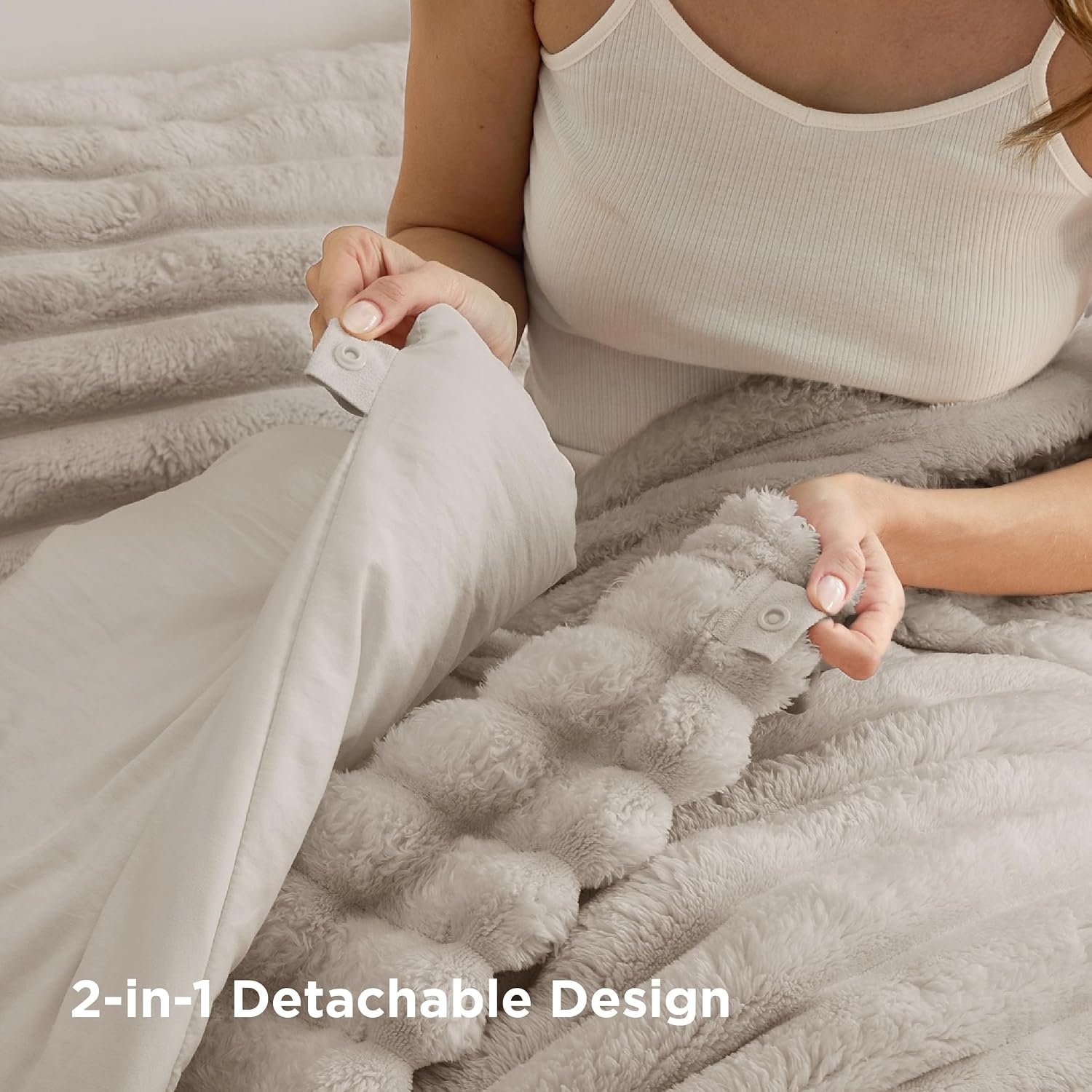 image:imageBedsure Gentlesoft 2in1 Queen Comforter Set and Detachable Fluffy Blanket Beige Bedding Set for All Season Use Detachable Design for Space Saving Includes 2 Pillow Shams 2 Pillowcases01 Beige