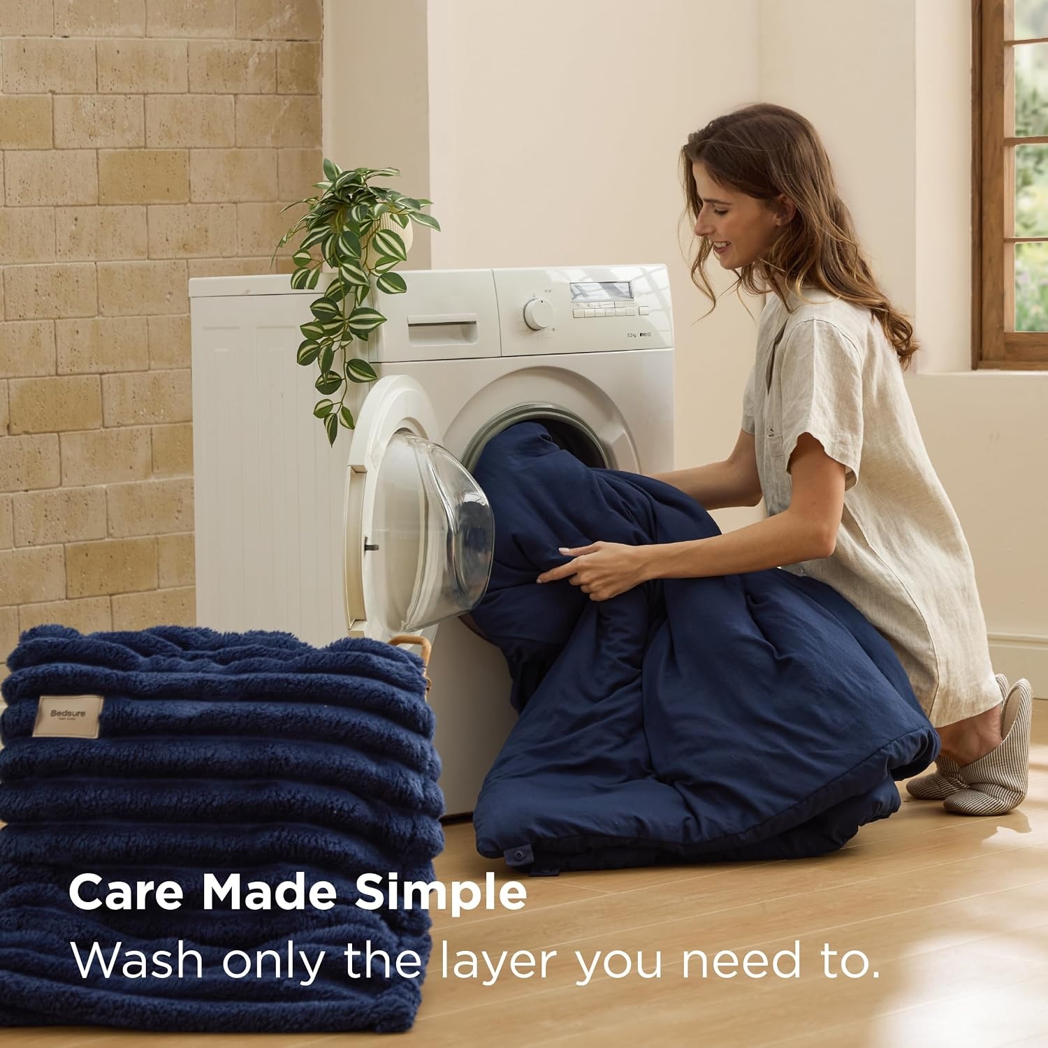 image:imageBedsure Gentlesoft 2in1 Queen Comforter Set and Detachable Fluffy Blanket Beige Bedding Set for All Season Use Detachable Design for Space Saving Includes 2 Pillow Shams 2 Pillowcases05 Navy Blue