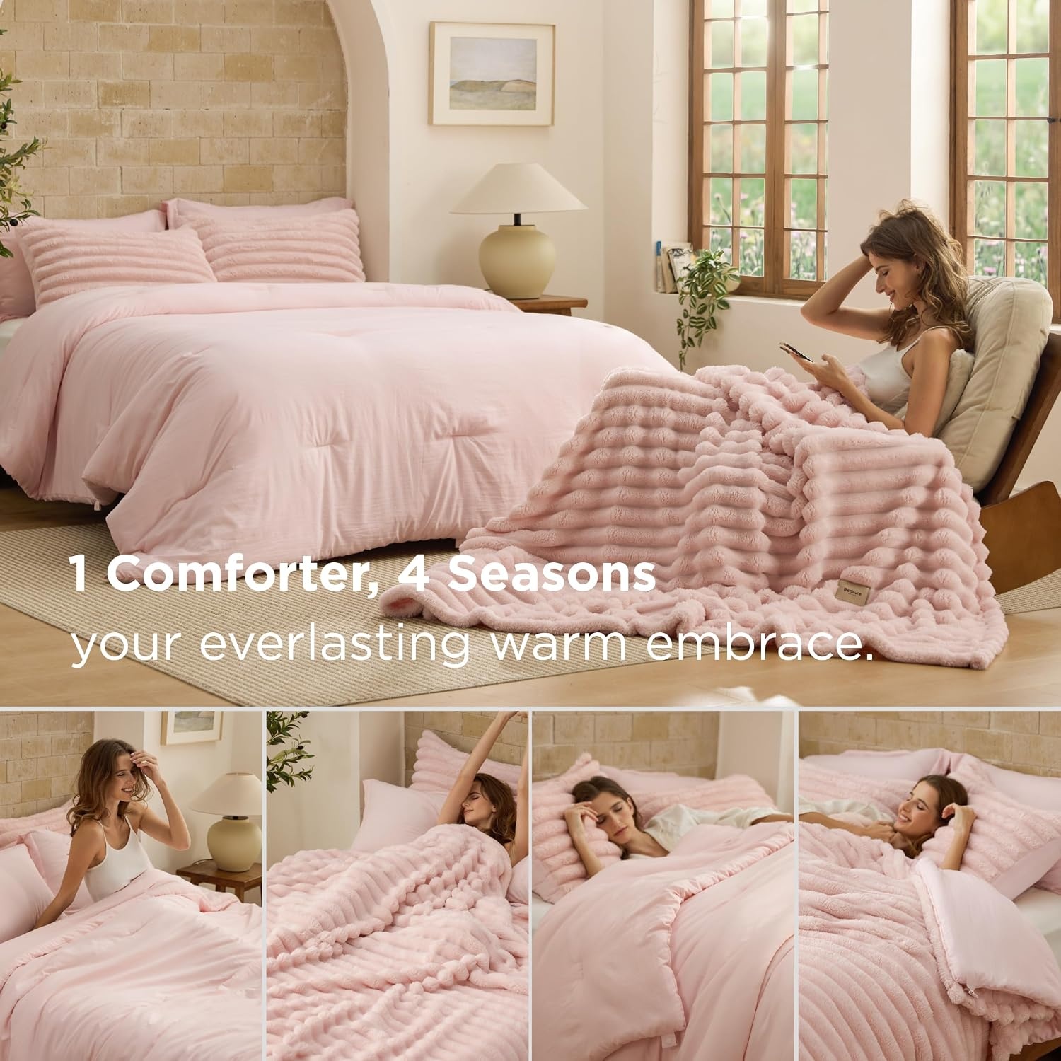 image:imageBedsure Gentlesoft 2in1 Queen Comforter Set and Detachable Fluffy Blanket Beige Bedding Set for All Season Use Detachable Design for Space Saving Includes 2 Pillow Shams 2 Pillowcases06 Pink