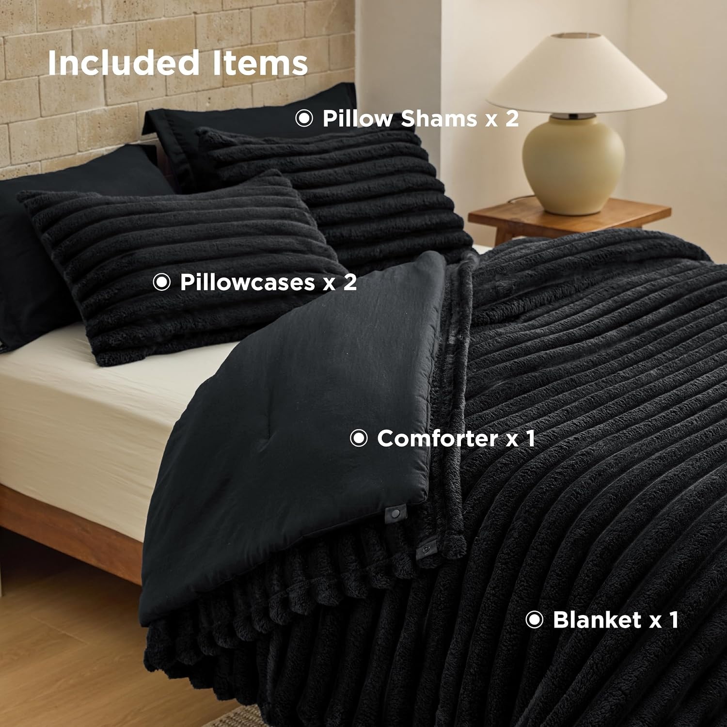 image:imageBedsure Gentlesoft 2in1 Queen Comforter Set and Detachable Fluffy Blanket Beige Bedding Set for All Season Use Detachable Design for Space Saving Includes 2 Pillow Shams 2 Pillowcases04 Black