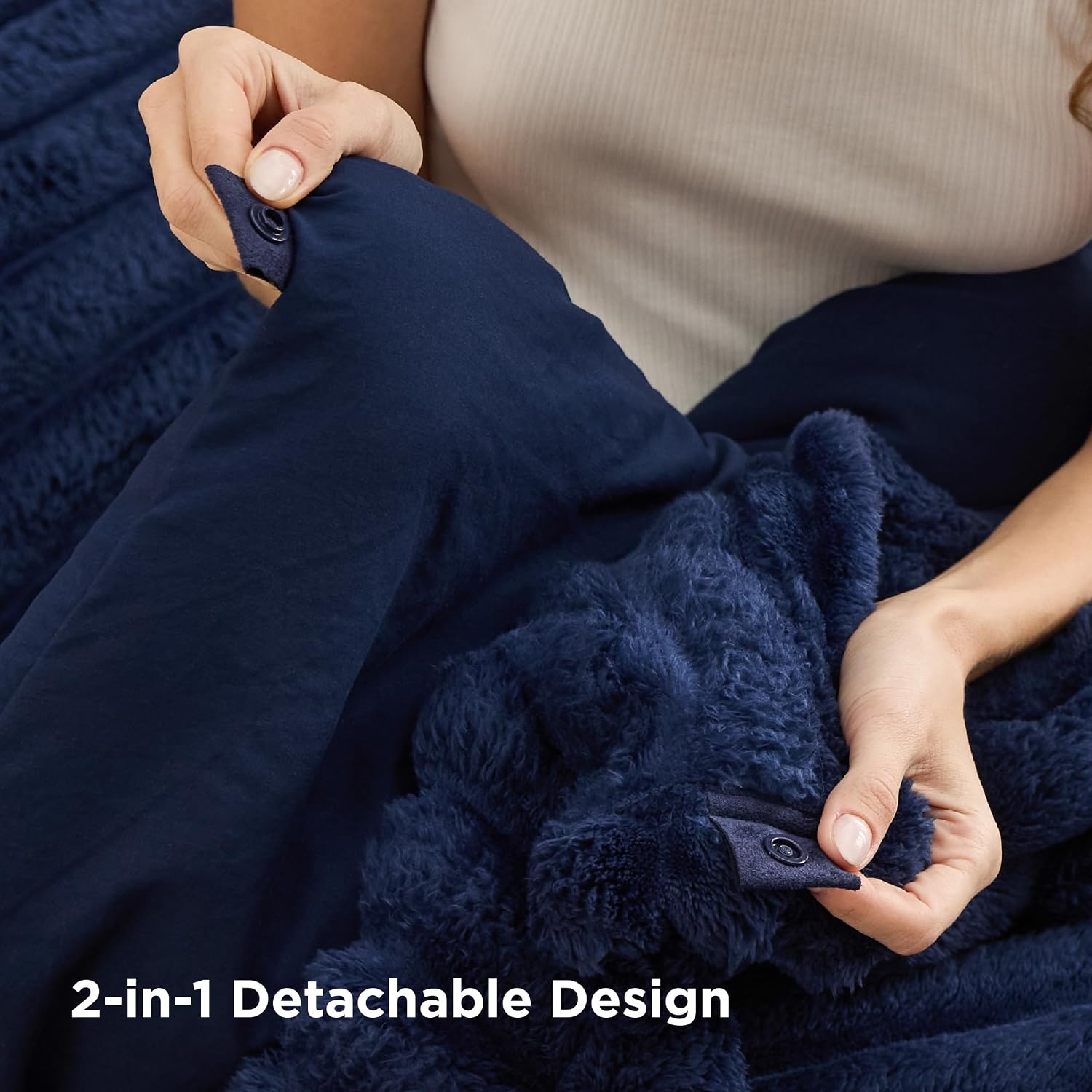 image:imageBedsure Gentlesoft 2in1 Queen Comforter Set and Detachable Fluffy Blanket Beige Bedding Set for All Season Use Detachable Design for Space Saving Includes 2 Pillow Shams 2 Pillowcases05 Navy Blue