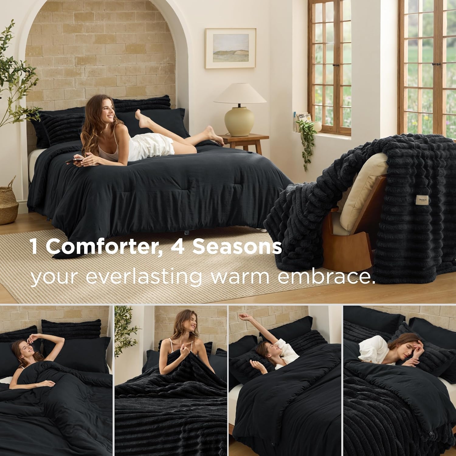 image:imageBedsure Gentlesoft 2in1 Queen Comforter Set and Detachable Fluffy Blanket Beige Bedding Set for All Season Use Detachable Design for Space Saving Includes 2 Pillow Shams 2 Pillowcases04 Black