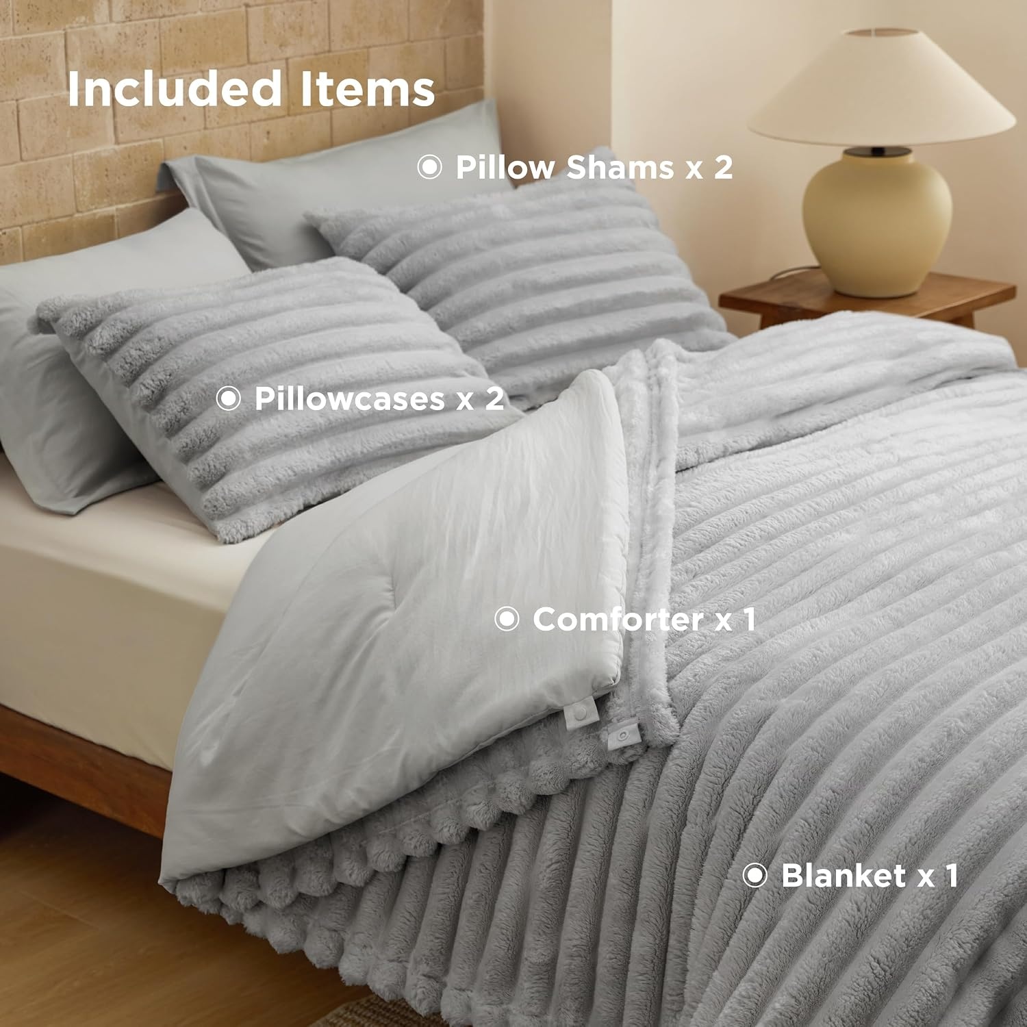 image:imageBedsure Gentlesoft 2in1 Queen Comforter Set and Detachable Fluffy Blanket Beige Bedding Set for All Season Use Detachable Design for Space Saving Includes 2 Pillow Shams 2 Pillowcases07 Grey